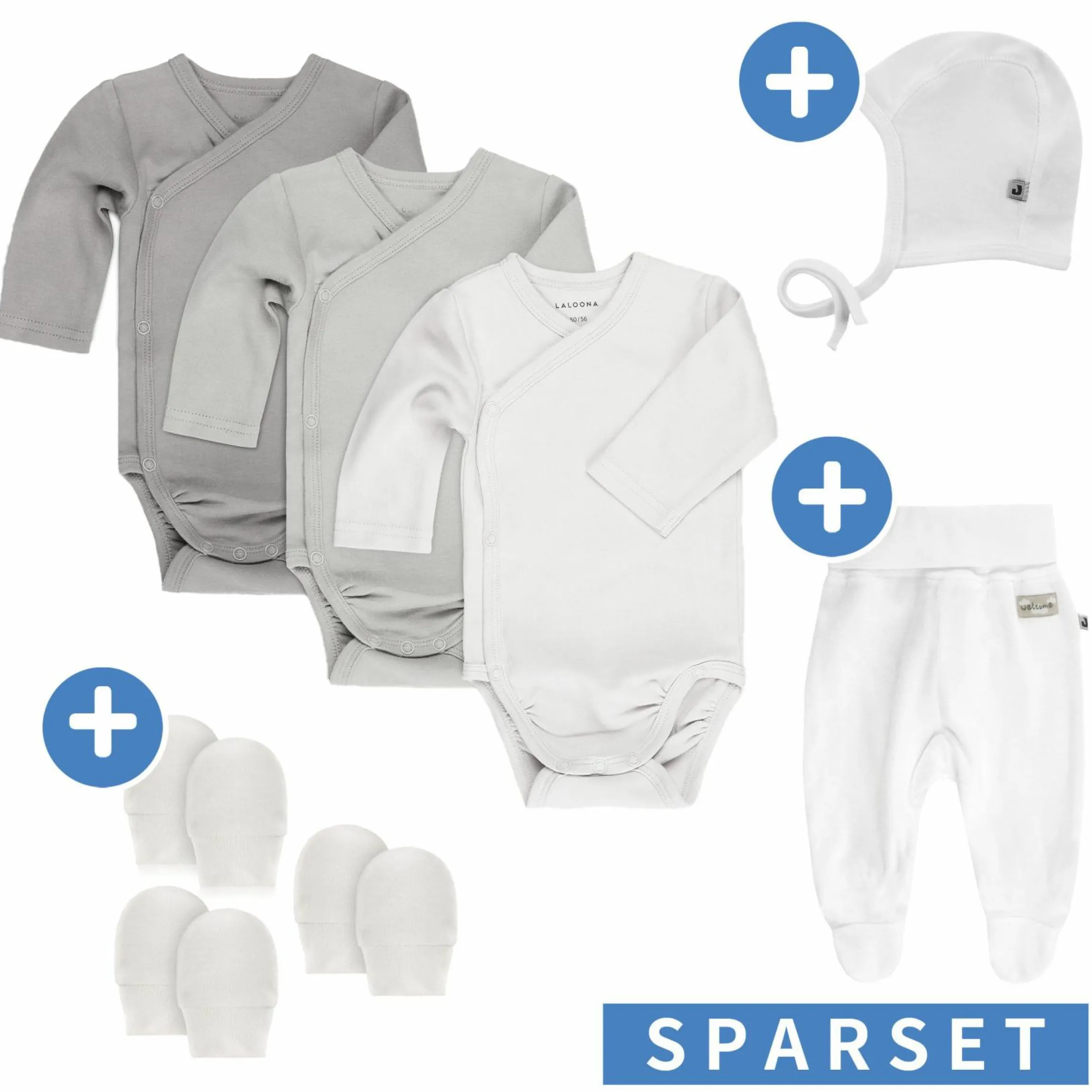 8-tlg. Wickelbody Set inkl. Strampelhose, Erstlingsmütze & 3 Paar Kratzfäustlinge - Grau Weiß - Gr. 50/56