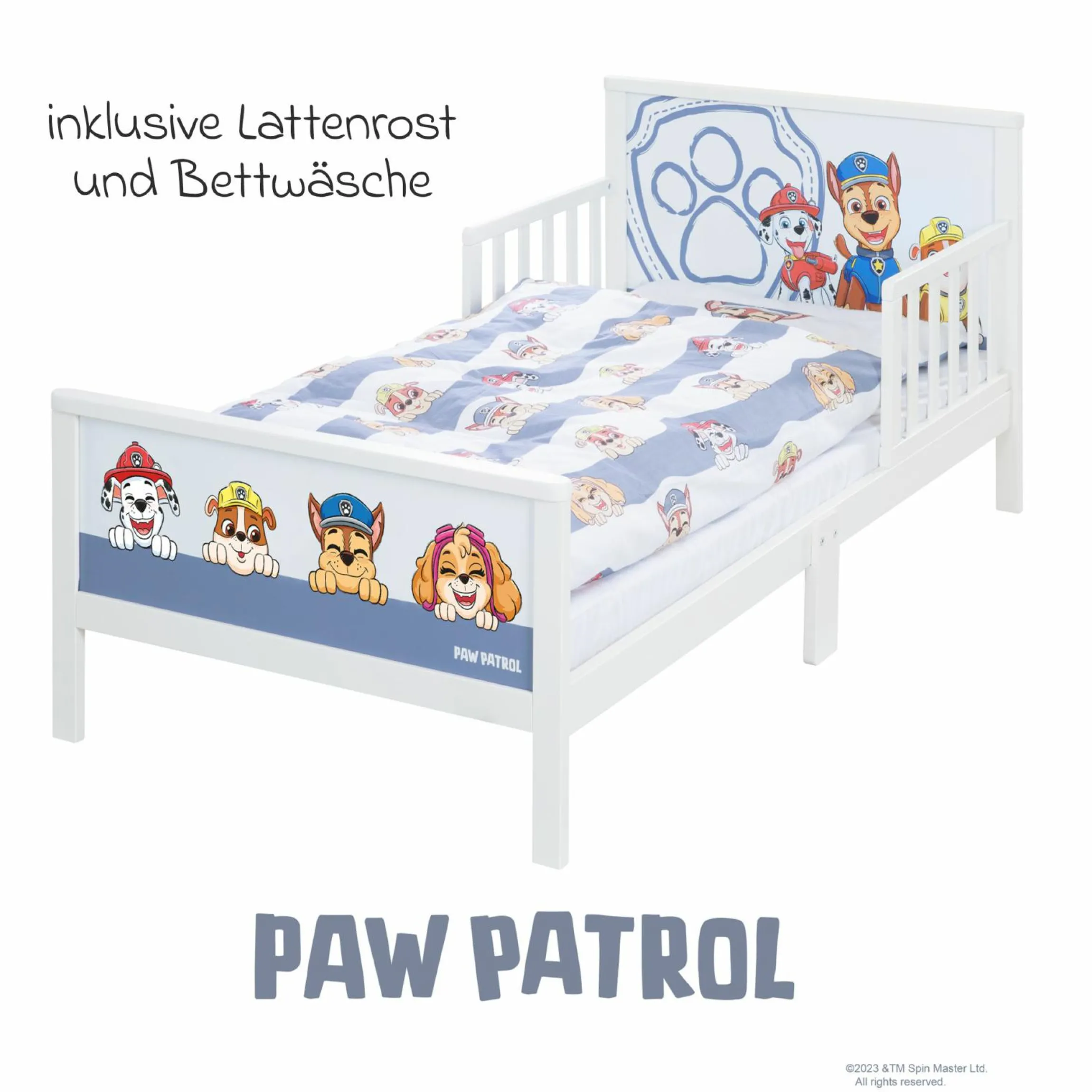 Toddler-Themen-Komplettbett inkl. Lattenrost und Bettwäsche 70 x 140 cm - Paw Patrol - Weiß Blau