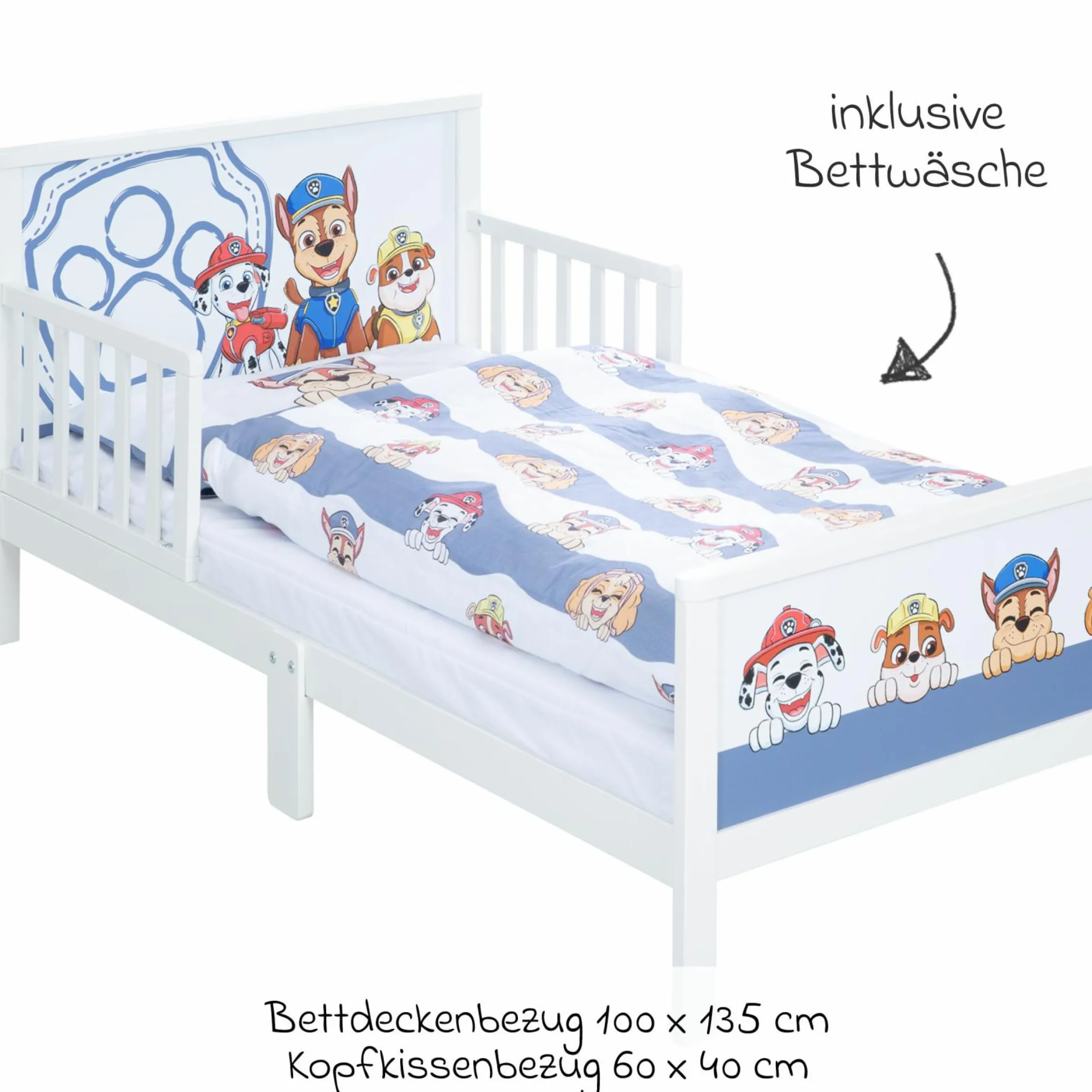 Toddler-Themen-Komplettbett inkl. Lattenrost und Bettwäsche 70 x 140 cm - Paw Patrol - Weiß Blau