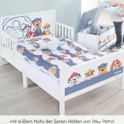 Toddler-Themen-Komplettbett inkl. Lattenrost und Bettwäsche 70 x 140 cm - Paw Patrol - Weiß Blau