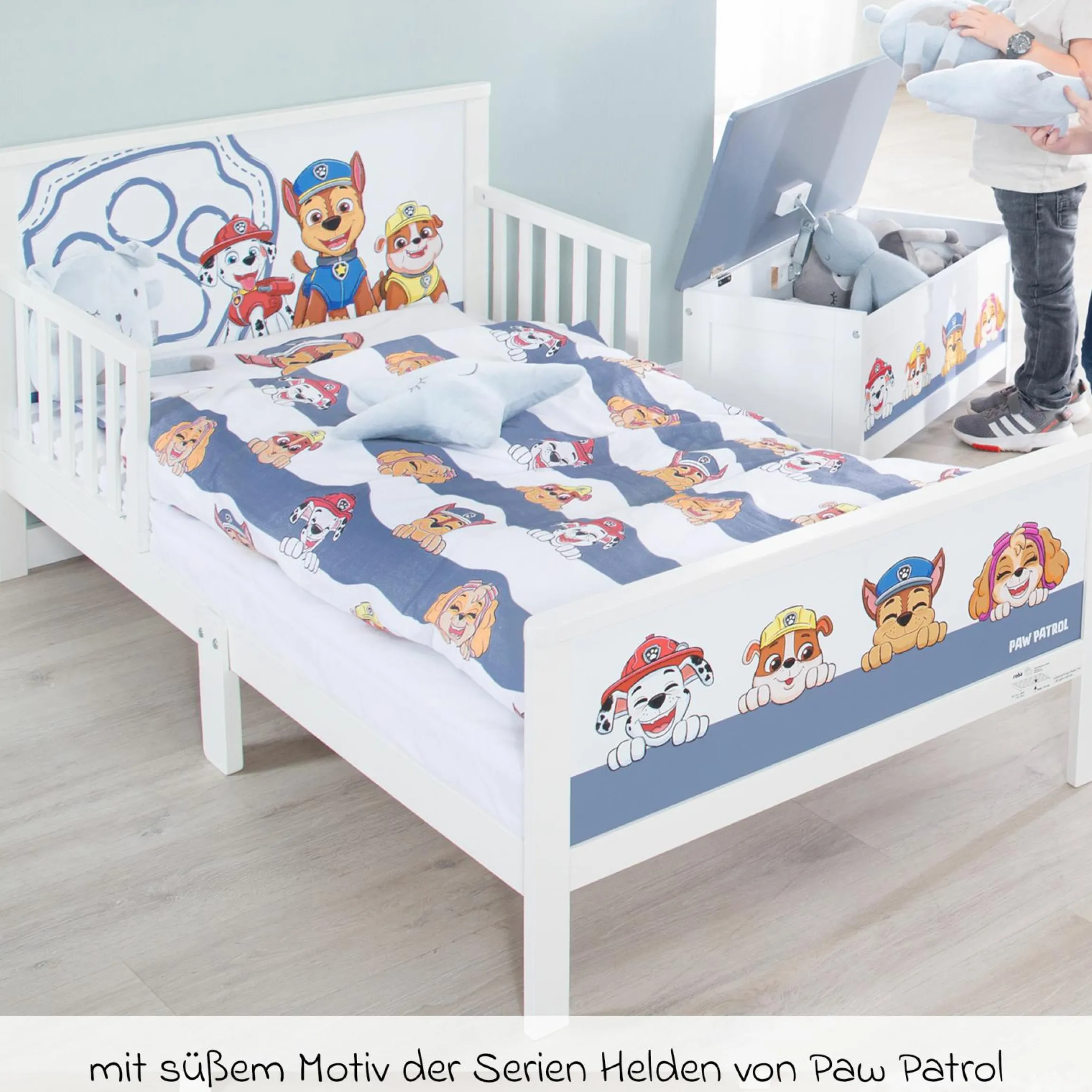 Toddler-Themen-Komplettbett inkl. Lattenrost und Bettwäsche 70 x 140 cm - Paw Patrol - Weiß Blau