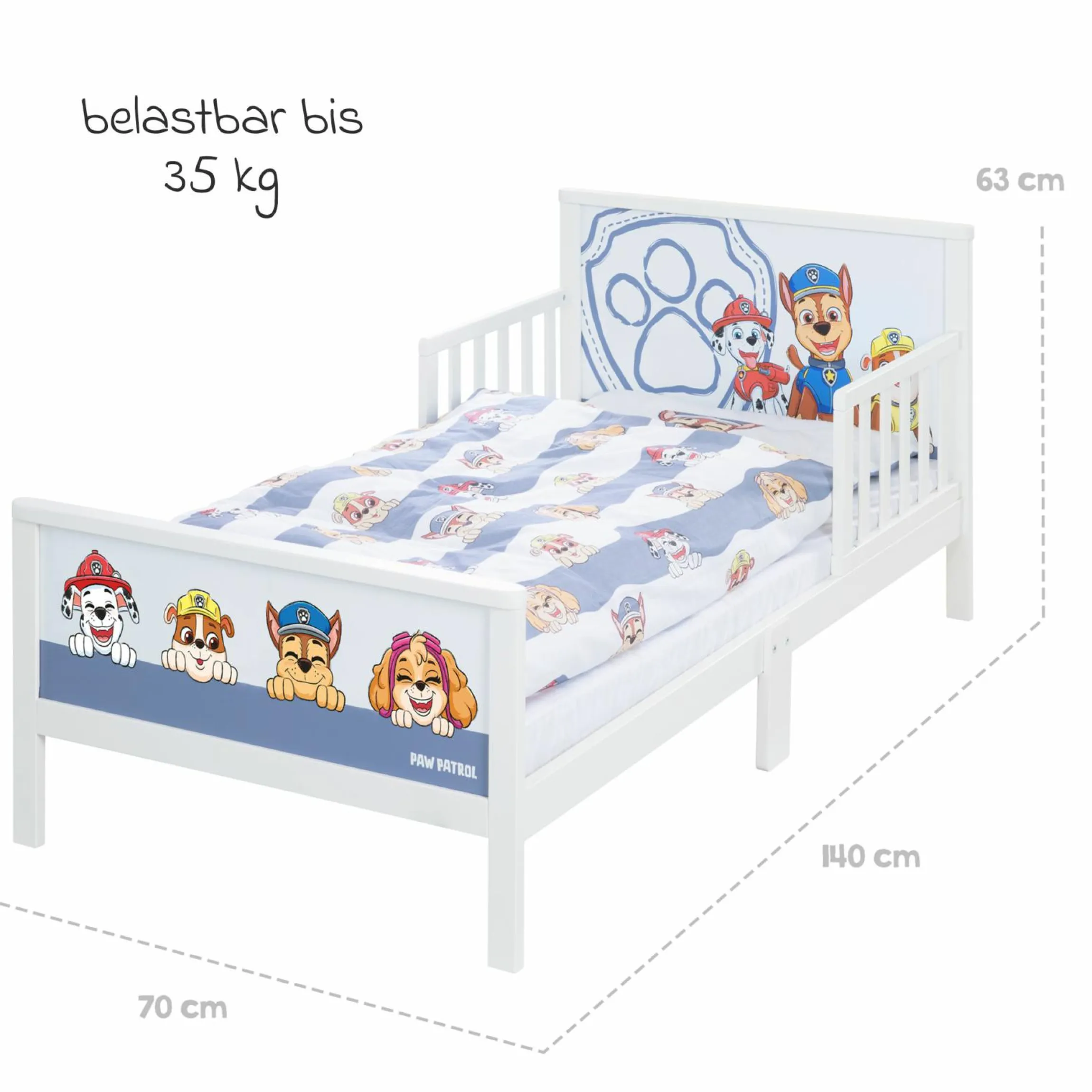 Toddler-Themen-Komplettbett inkl. Lattenrost und Bettwäsche 70 x 140 cm - Paw Patrol - Weiß Blau