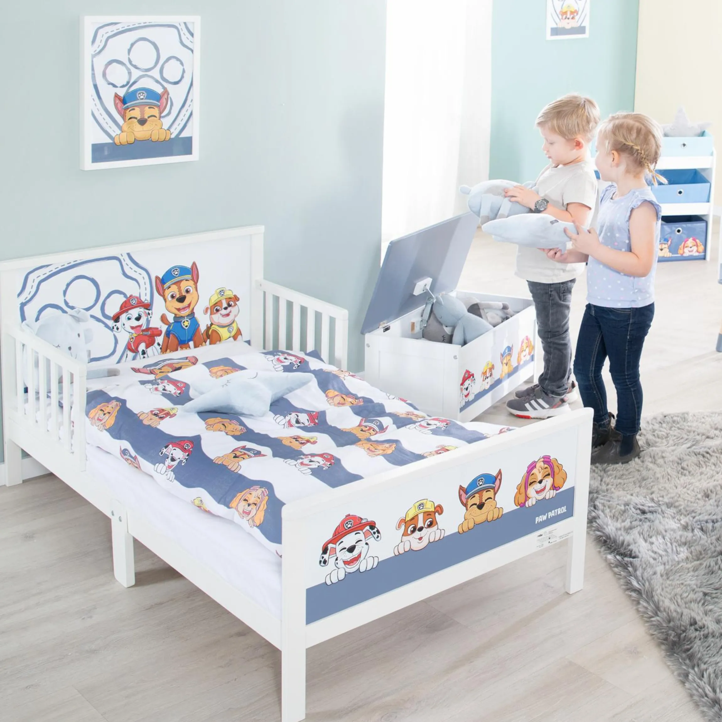 Toddler-Themen-Komplettbett inkl. Lattenrost und Bettwäsche 70 x 140 cm - Paw Patrol - Weiß Blau