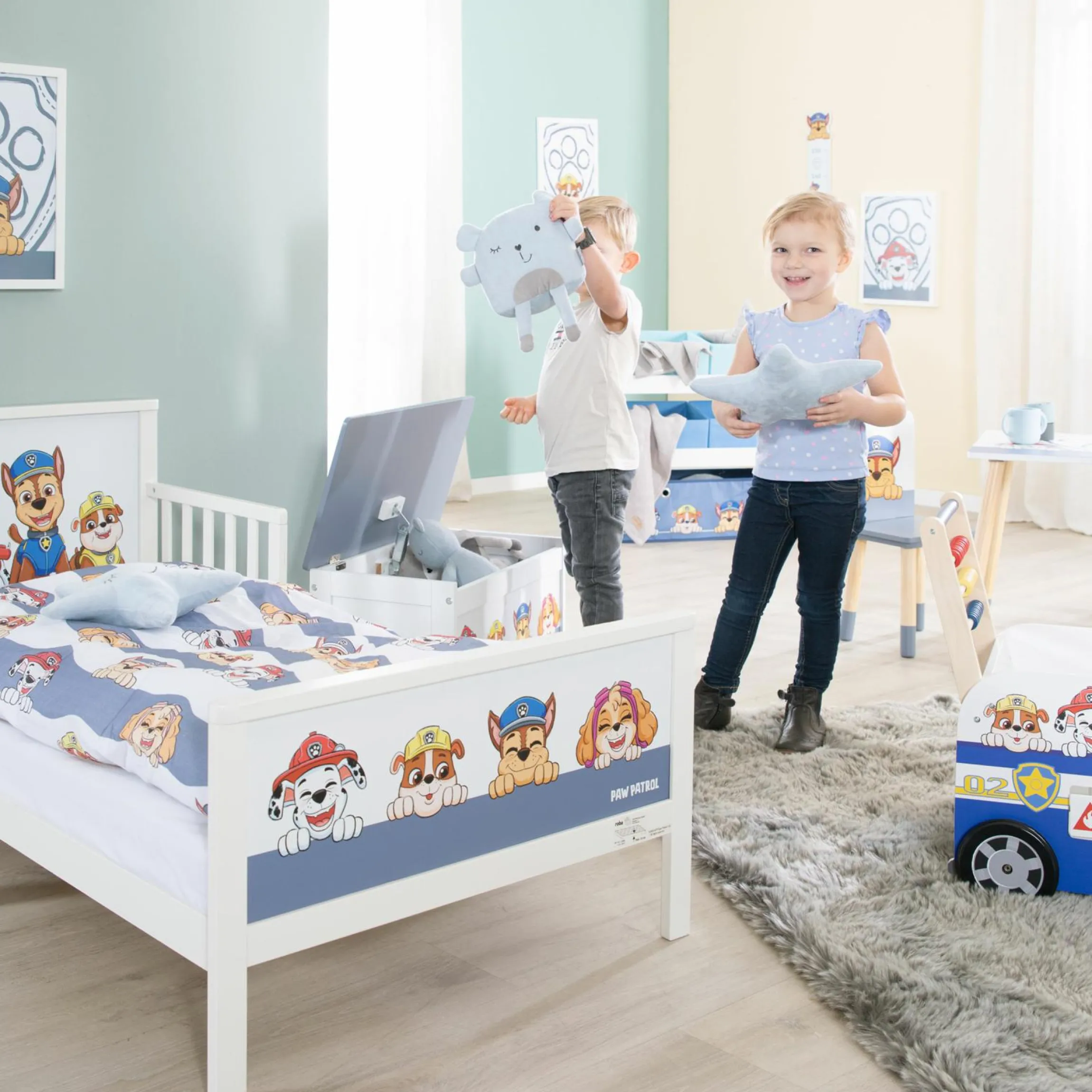 Toddler-Themen-Komplettbett inkl. Lattenrost und Bettwäsche 70 x 140 cm - Paw Patrol - Weiß Blau
