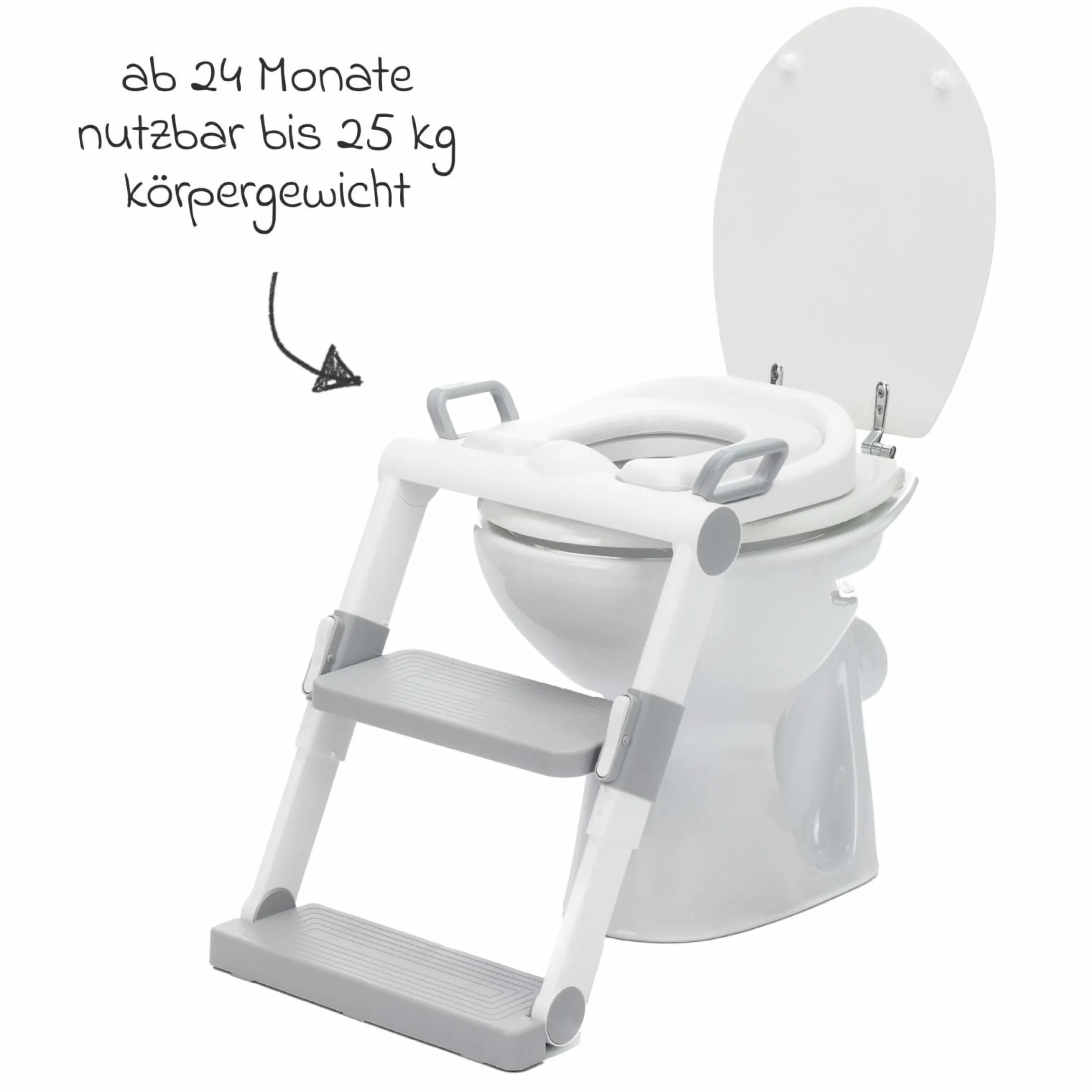 Toilettentrainer mit dynamischer Höhenverstellung, breiten Stufen, abnehmbarer Sitz, zusammenklappbar - Weiß Grau