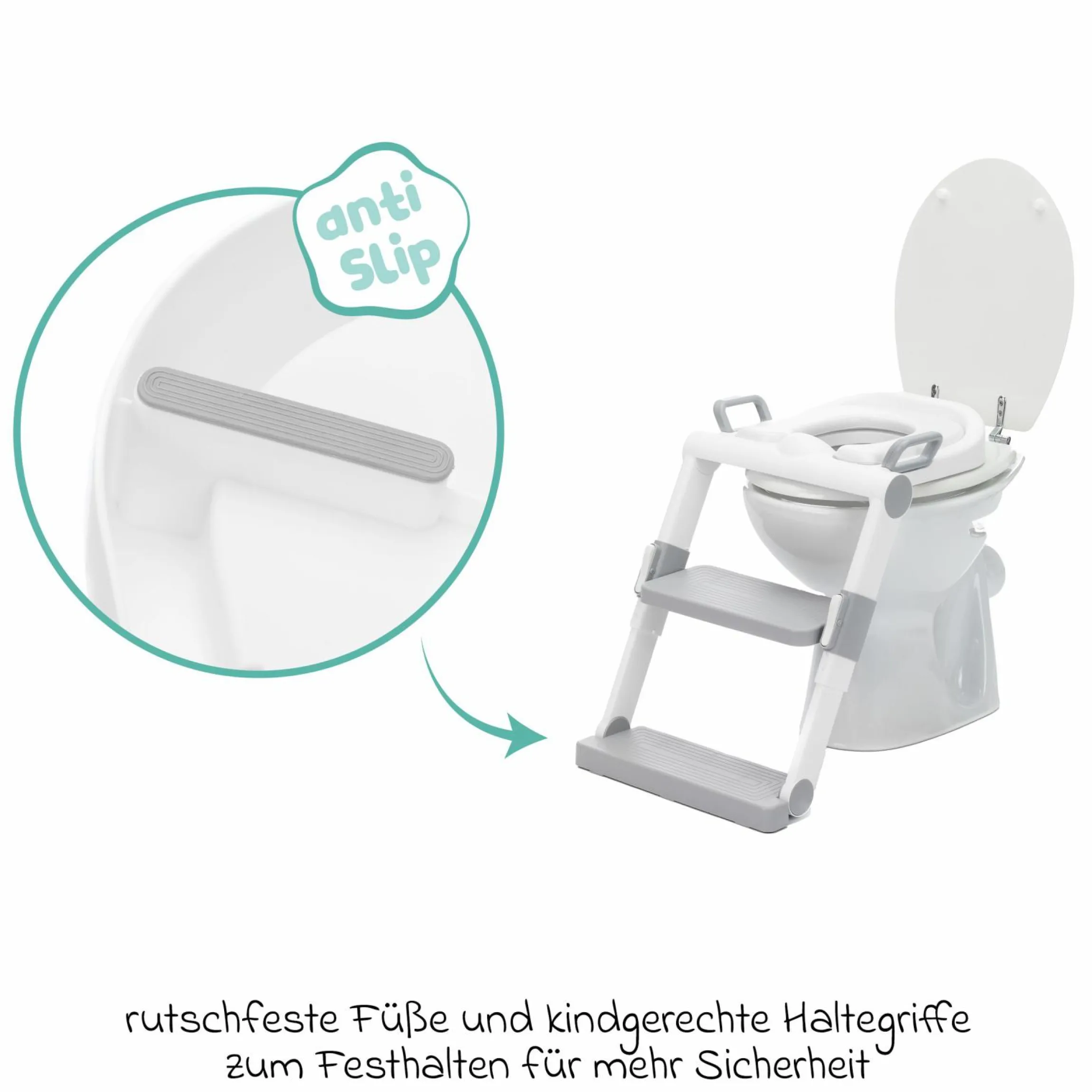 Toilettentrainer mit dynamischer Höhenverstellung, breiten Stufen, abnehmbarer Sitz, zusammenklappbar - Weiß Grau