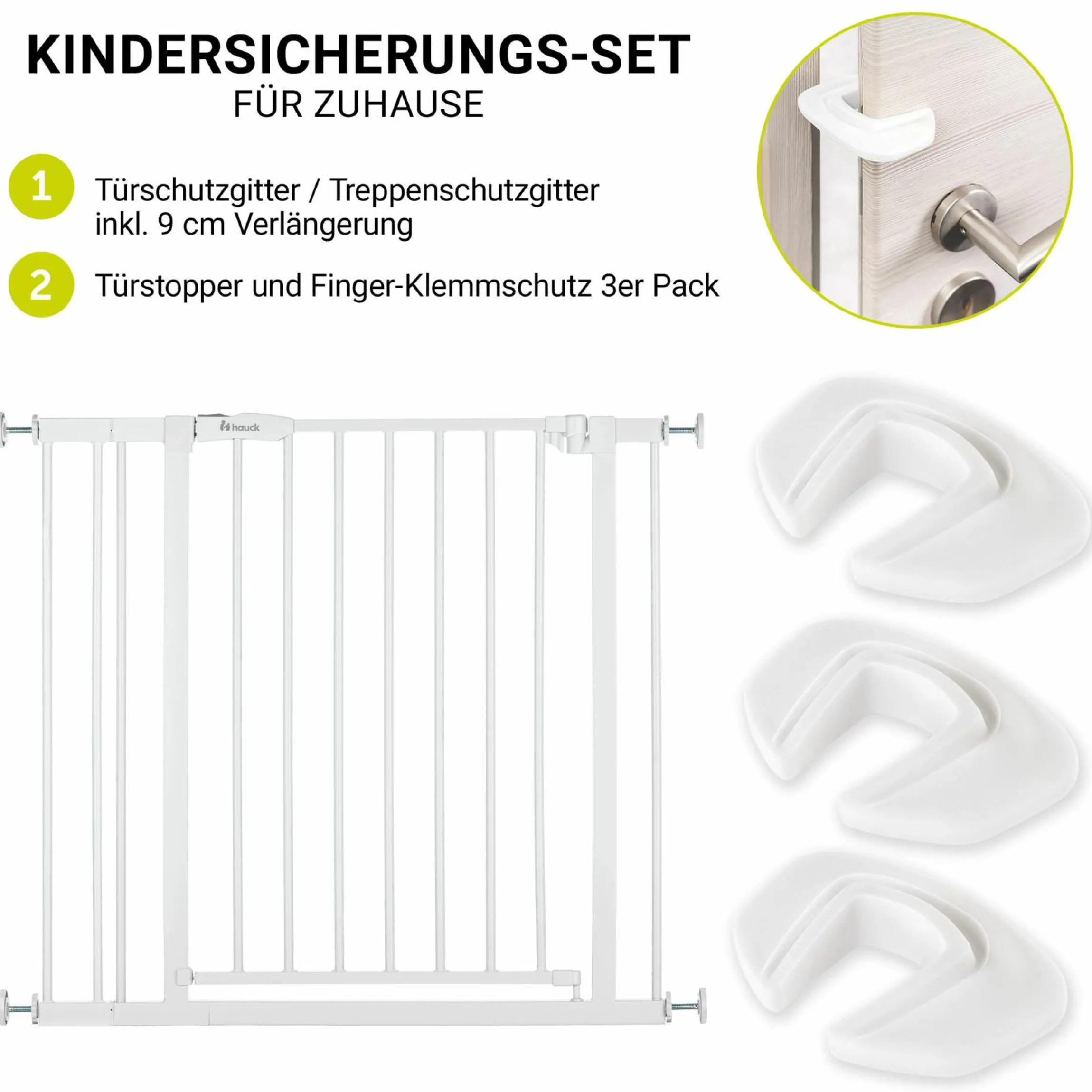Türschutzgitter / Treppenschutzgitter Open N Stop 2 inkl. 9 cm Verlängerung + Türstopper 3er Pack - White
