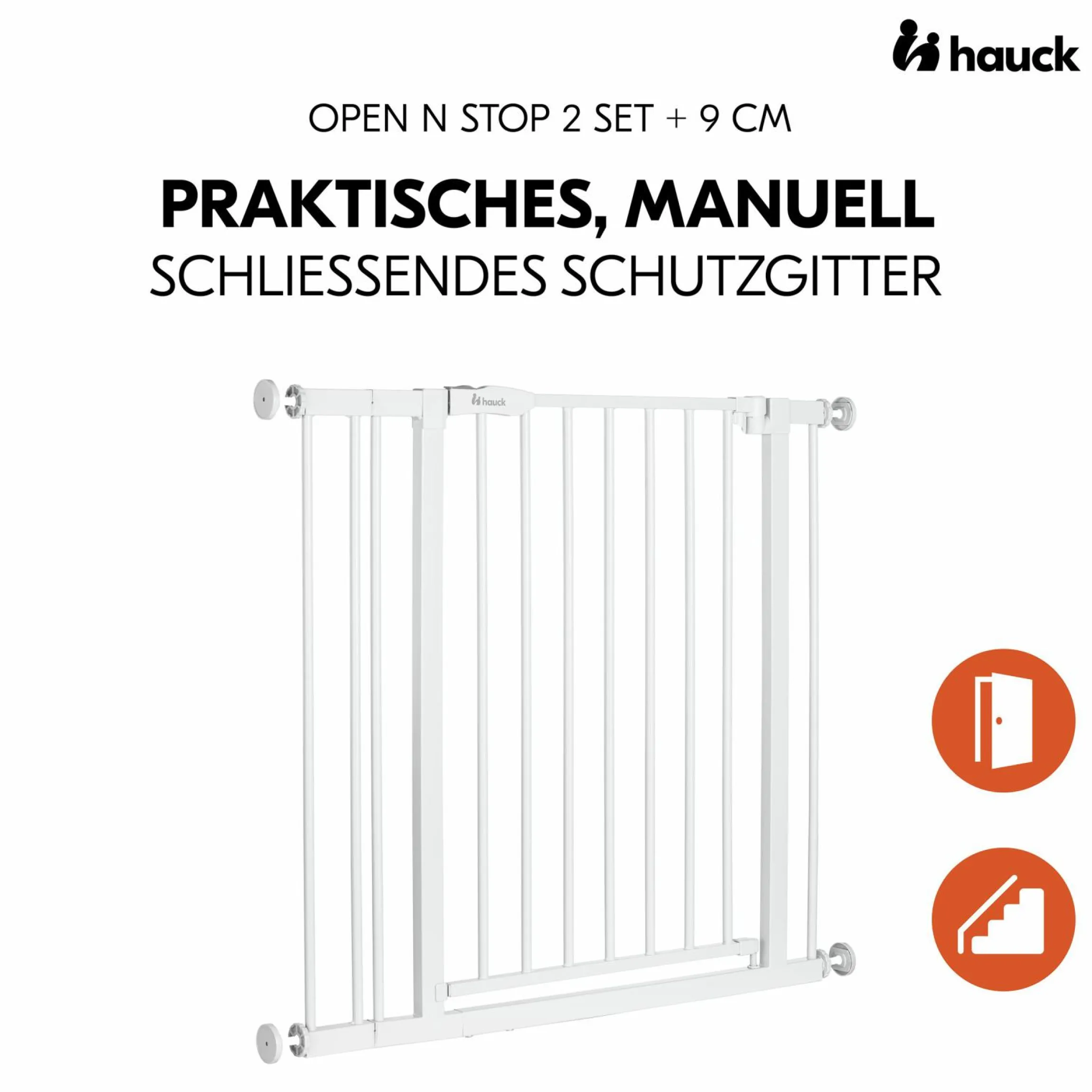 Türschutzgitter / Treppenschutzgitter Open N Stop 2 inkl. 9 cm Verlängerung + Türstopper 3er Pack - White