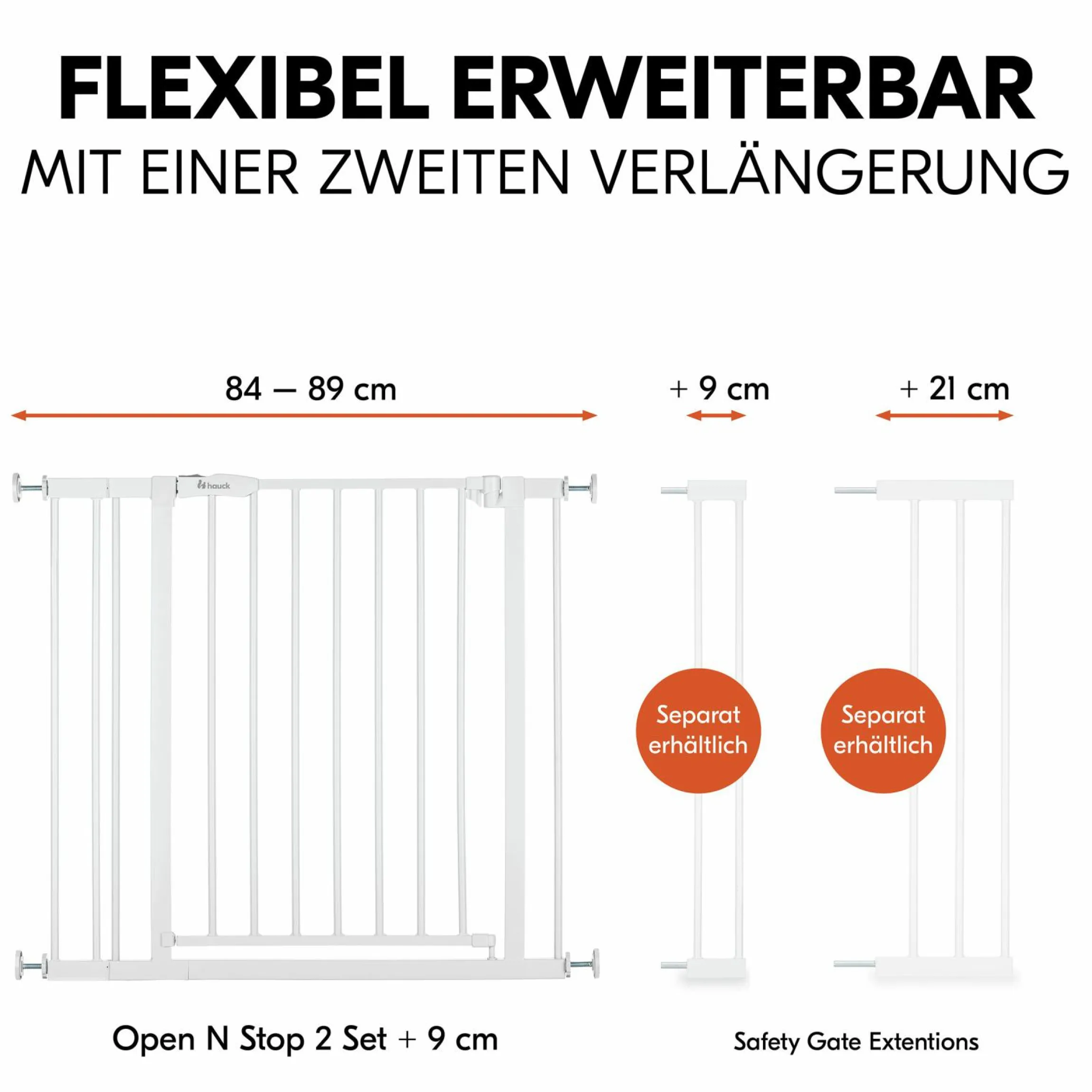 Türschutzgitter / Treppenschutzgitter Open N Stop 2 inkl. 9 cm Verlängerung + Türstopper 3er Pack - White