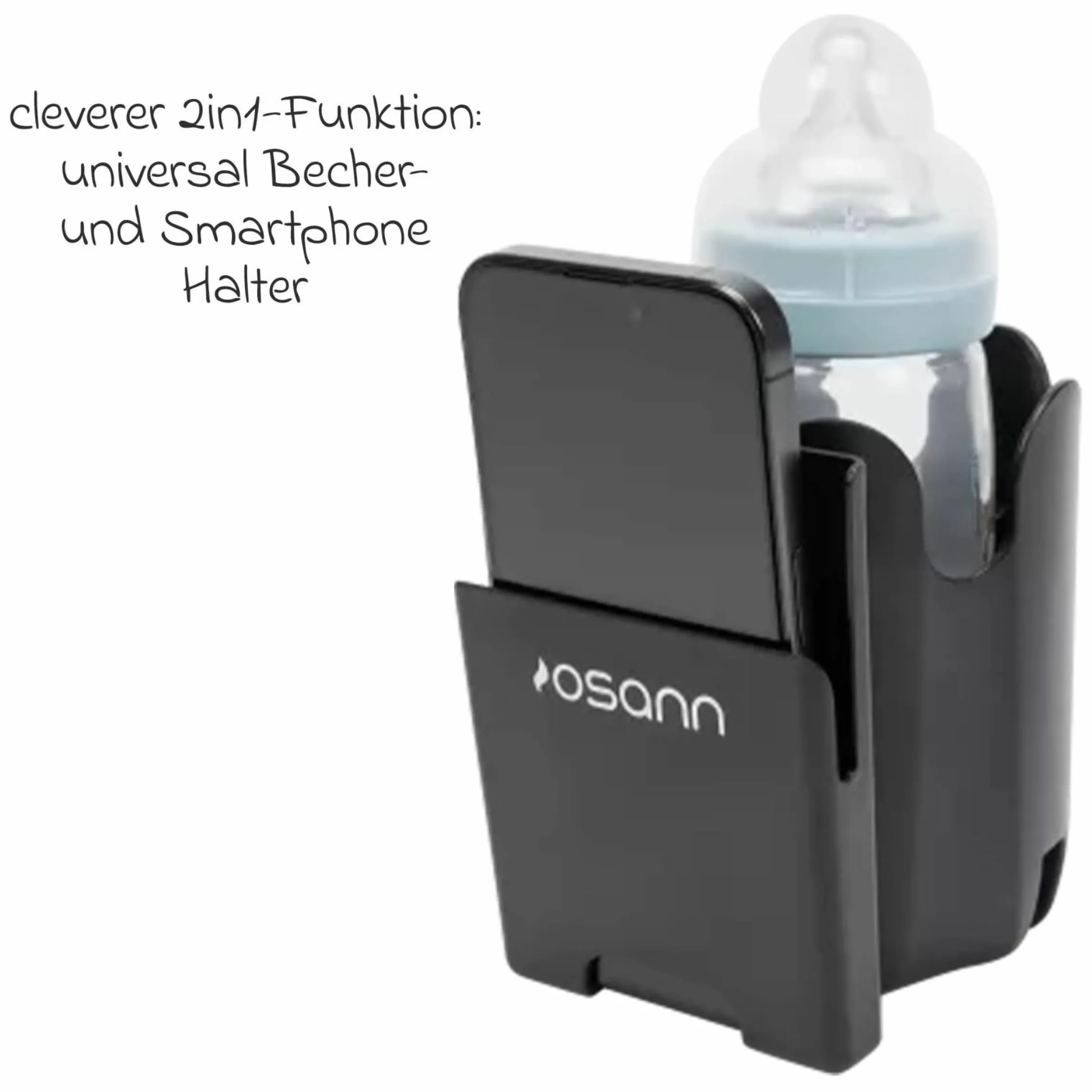 Universal Becher- und Smartphone-Halter für Kinderwagen und Buggys - Schwarz - Kollektion 2025