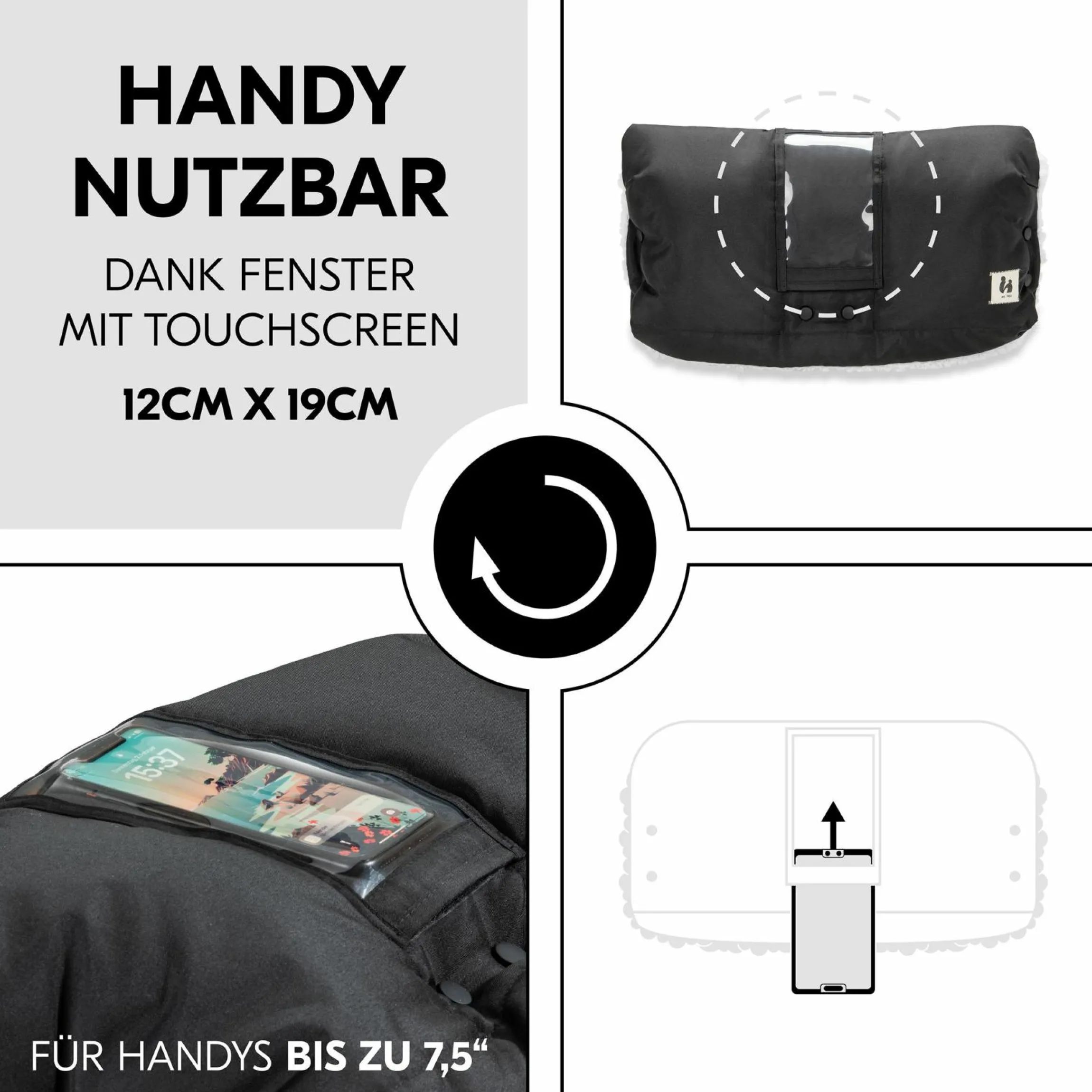 Universal Kinderwagen Handmuff / Handwärmer mit Handytasche - Black