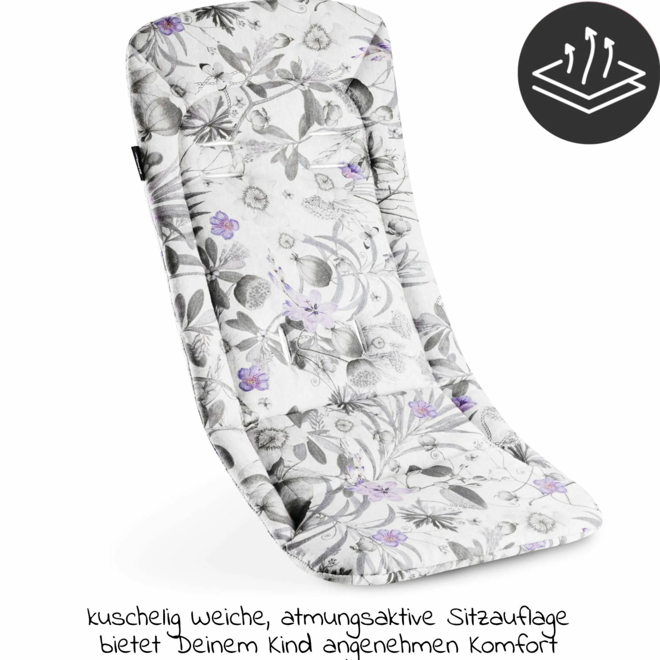 Universal Sitzauflage für Kinderwagen und Buggy (atmungsaktive Baumwolle) - Floral Grey