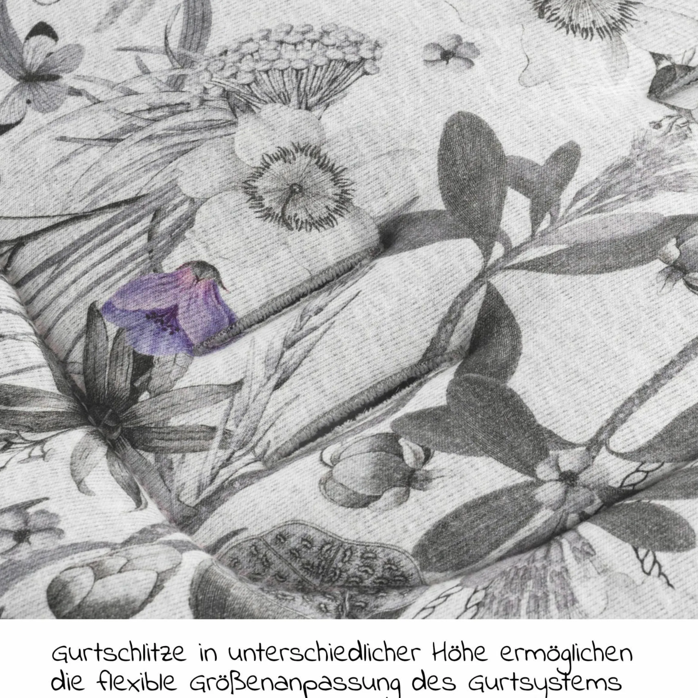 Universal Sitzauflage für Kinderwagen und Buggy (atmungsaktive Baumwolle) - Floral Grey