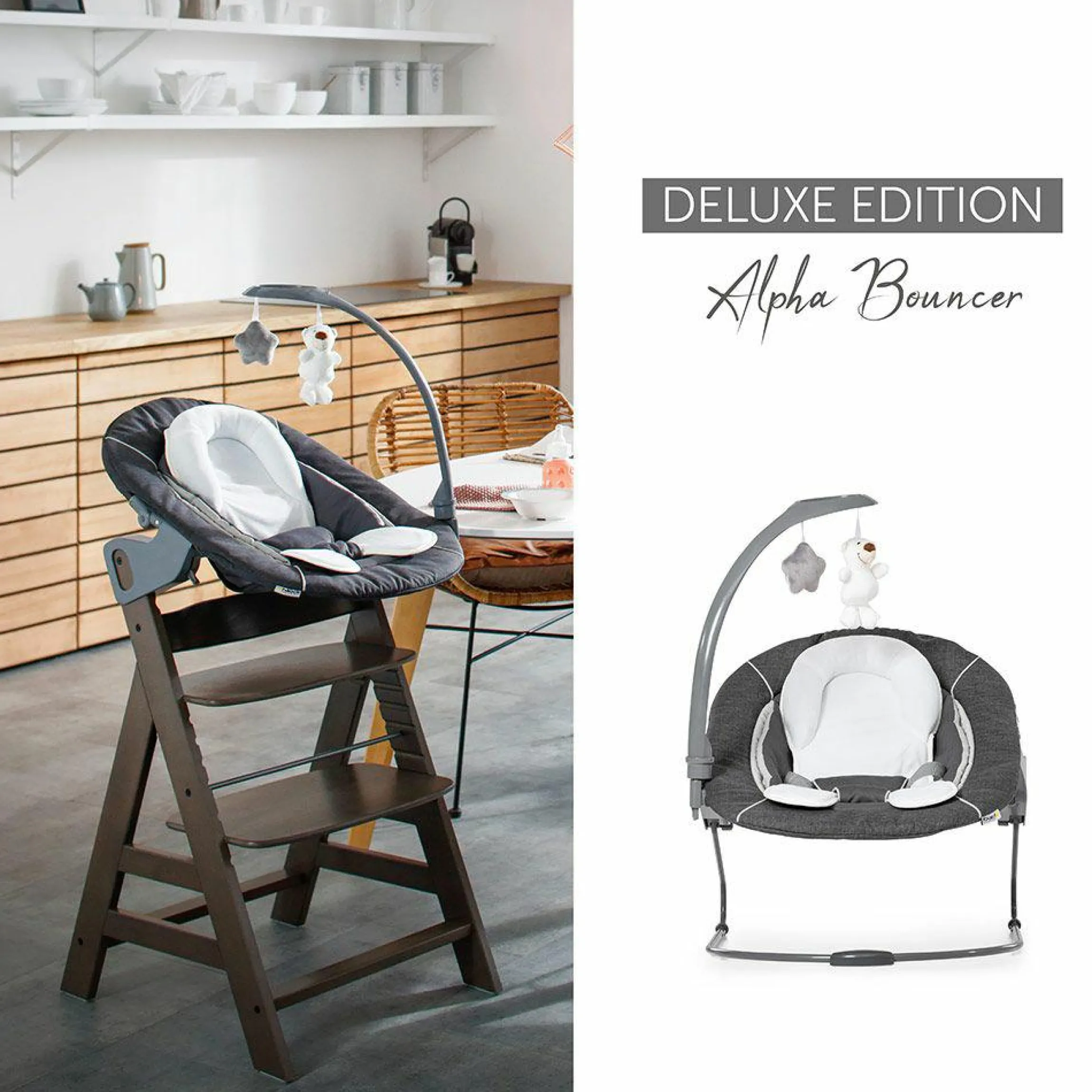 Verstellbarer Neugeborenenaufsatz & Wippe für Alpha & Beta Hochstuhl - Bouncer 2in1 Deluxe - Melange Grey