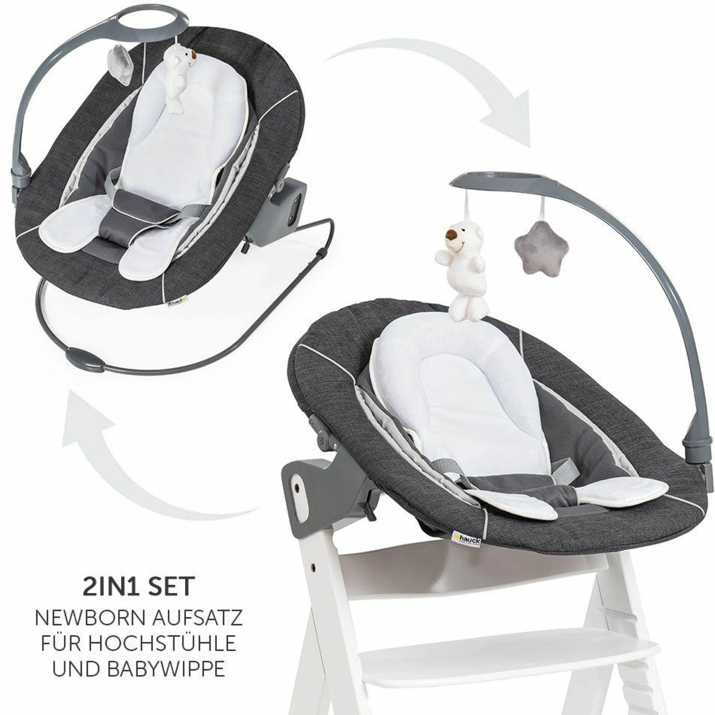 Verstellbarer Neugeborenenaufsatz & Wippe für Alpha & Beta Hochstuhl - Bouncer 2in1 Deluxe - Melange Grey