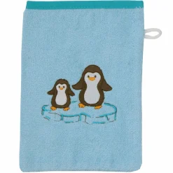 Waschhandschuh - Stickerei Pinguine - Eisblau