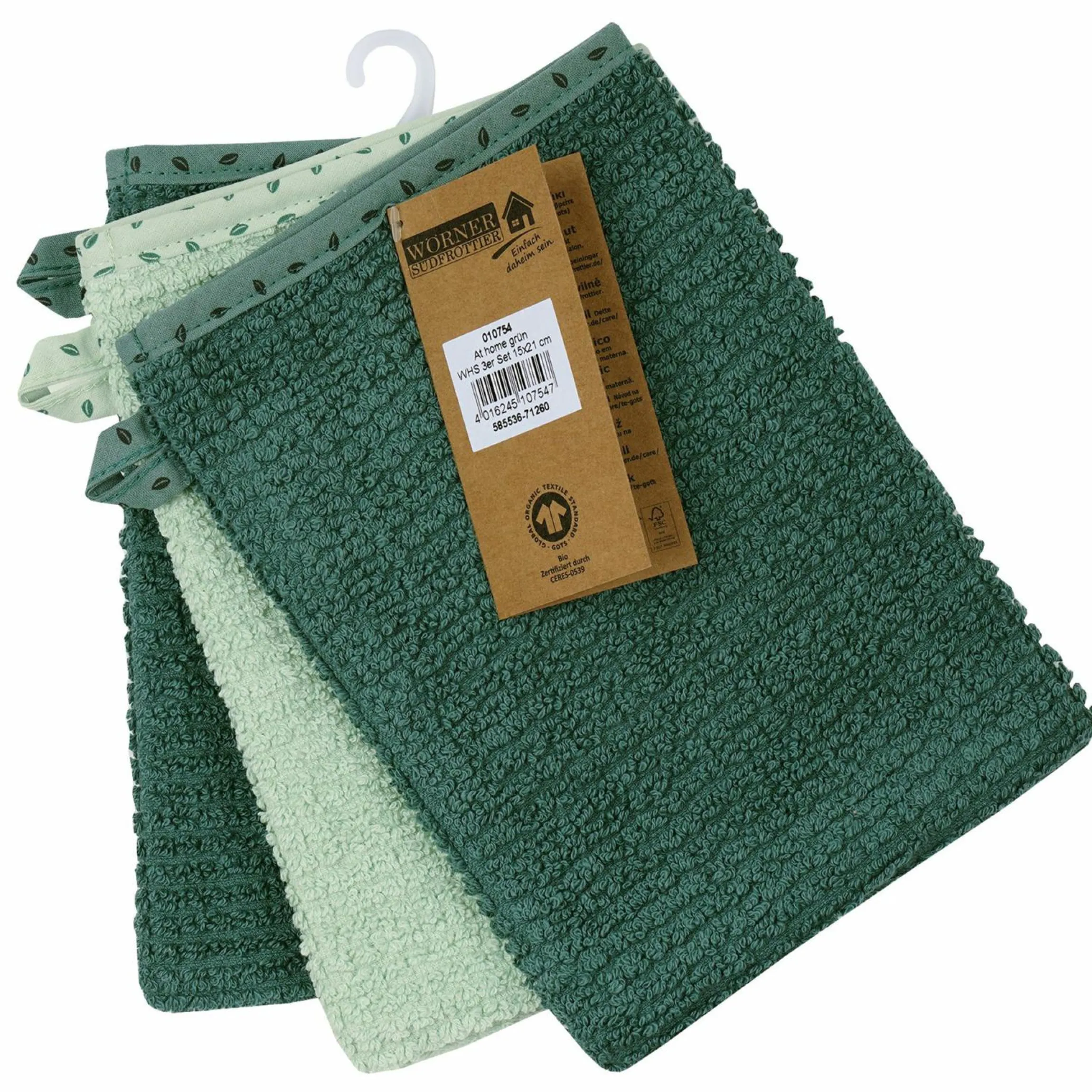 Waschhandschuh 3er Pack Bio-Baumwolle - Uni Piniengrün Hellolivgrün