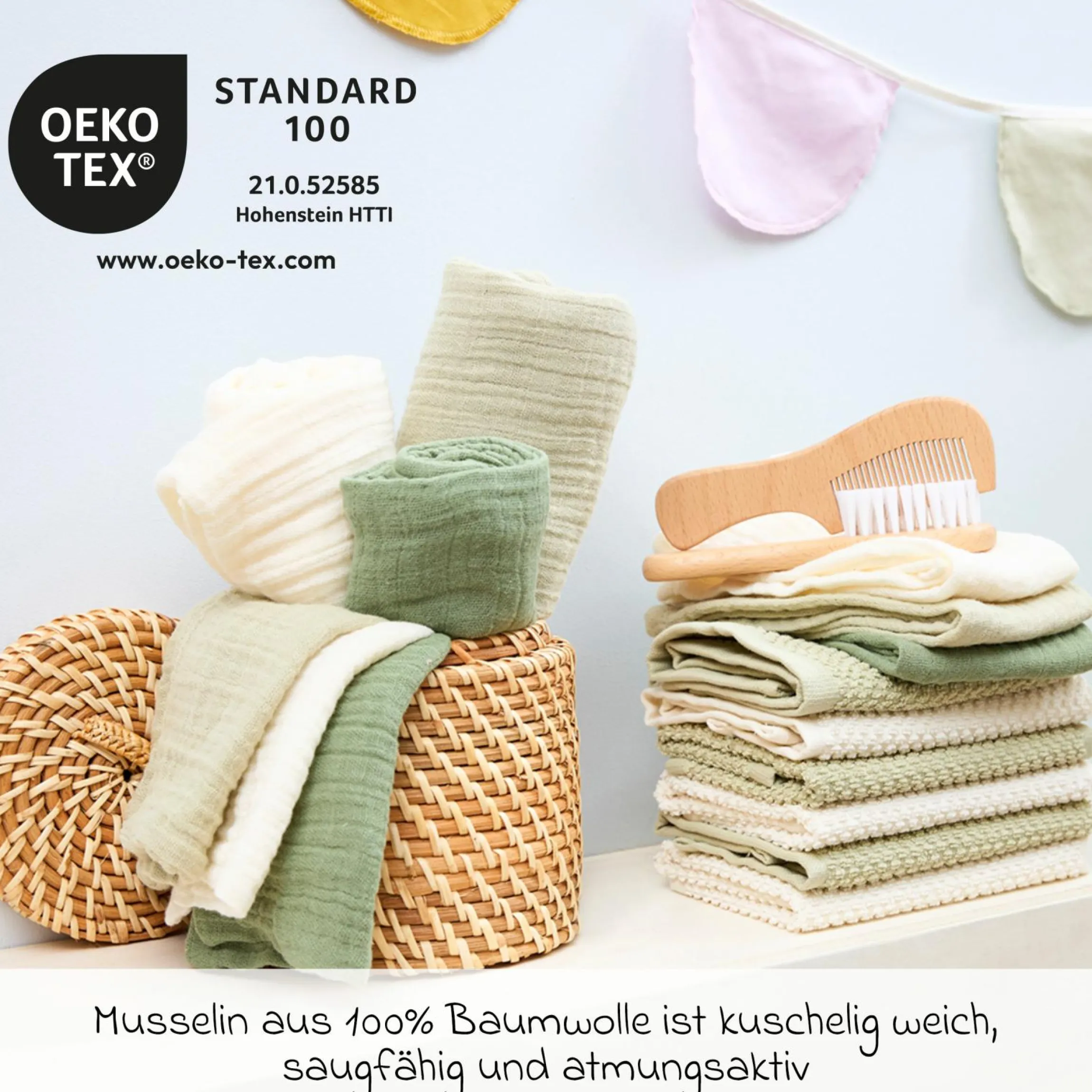 Waschhandschuh 3er Pack Musselin 20 x 17 cm - Naturel / Soft Olive