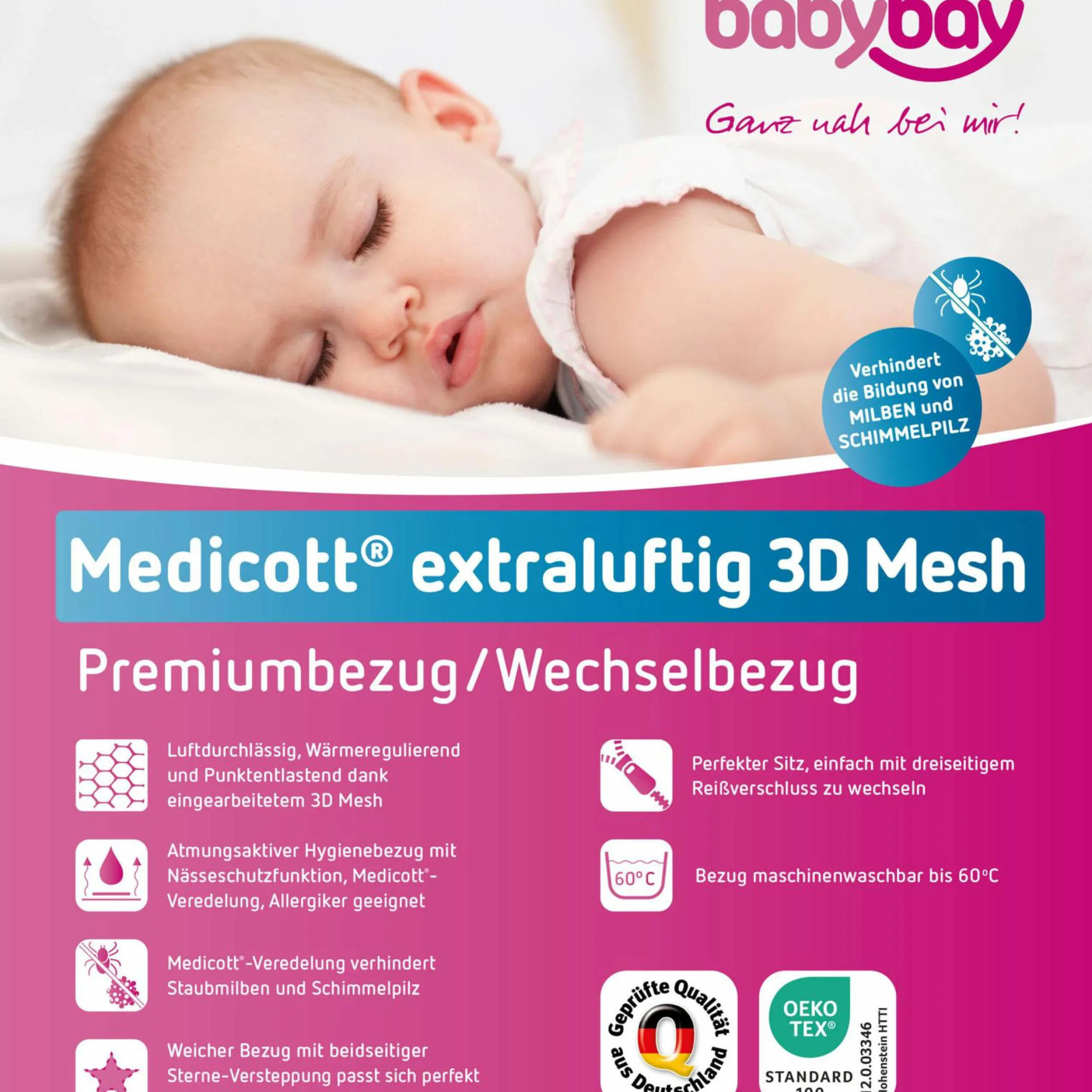 Wechselbezug Premium für Matratze Medicott extraluftig 3D Mesh für Beistellbett Maxi, Boxspring, Comfort Plus - Weiß - Kollektion 2024