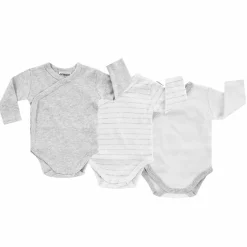 Wickelbody Langarm 3er Pack - Grau Melange, Ringel & Offwhite - Gr. 62/68