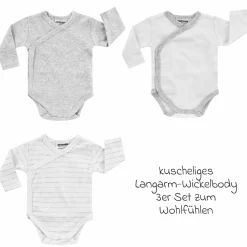 Wickelbody Langarm 3er Pack - Grau Melange, Ringel & Offwhite - Gr. 62/68