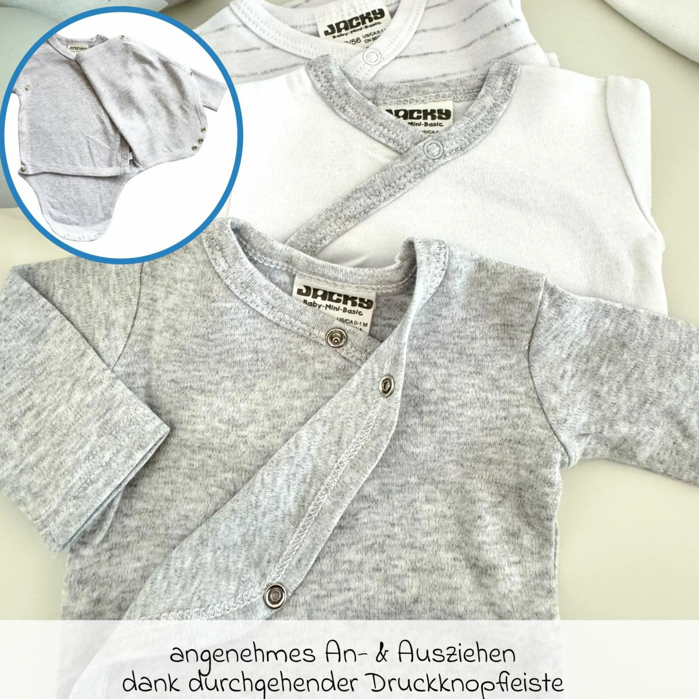 Wickelbody Langarm 3er Pack - Grau Melange, Ringel & Offwhite - Gr. 62/68