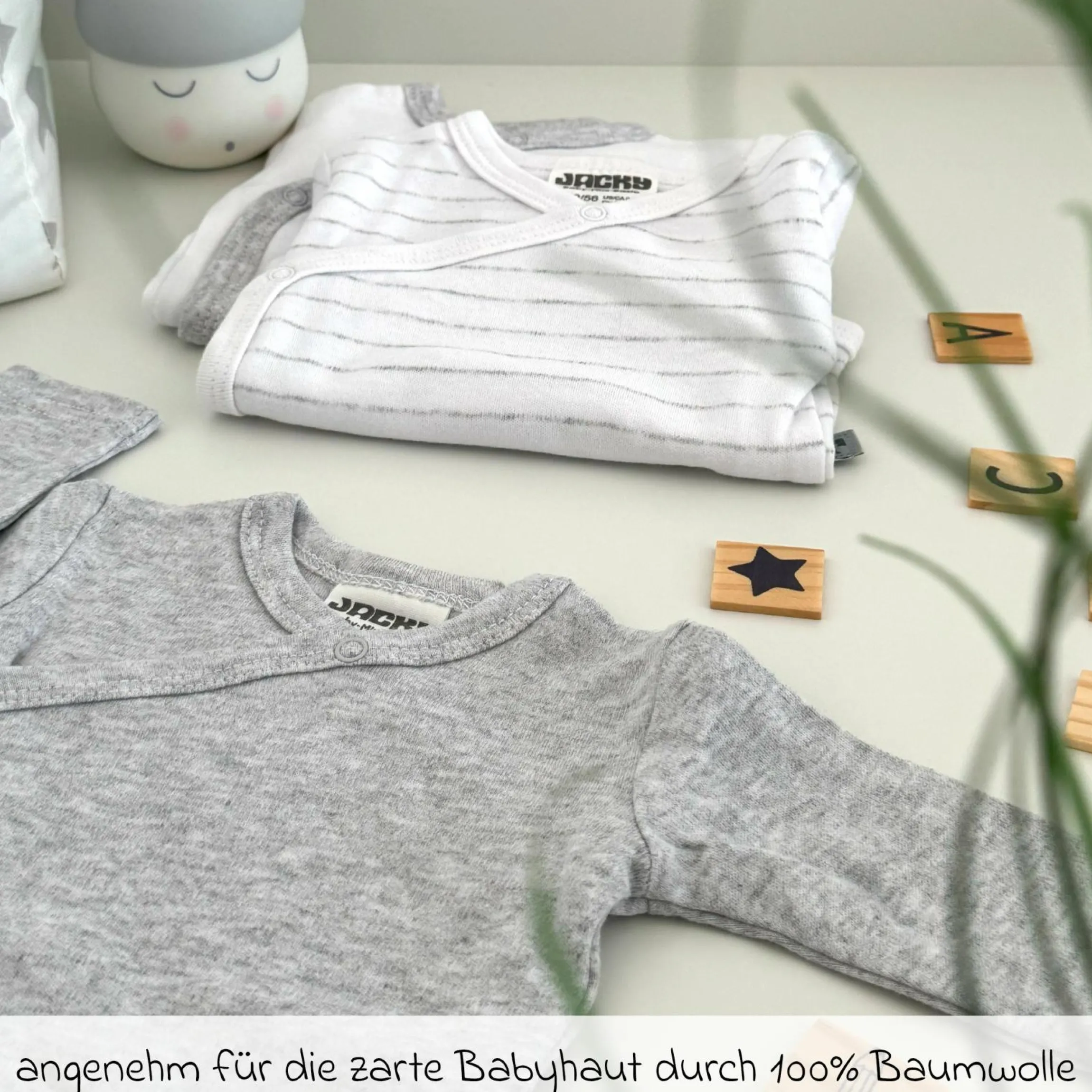 Wickelbody Langarm 3er Pack - Grau Melange, Ringel & Offwhite - Gr. 62/68