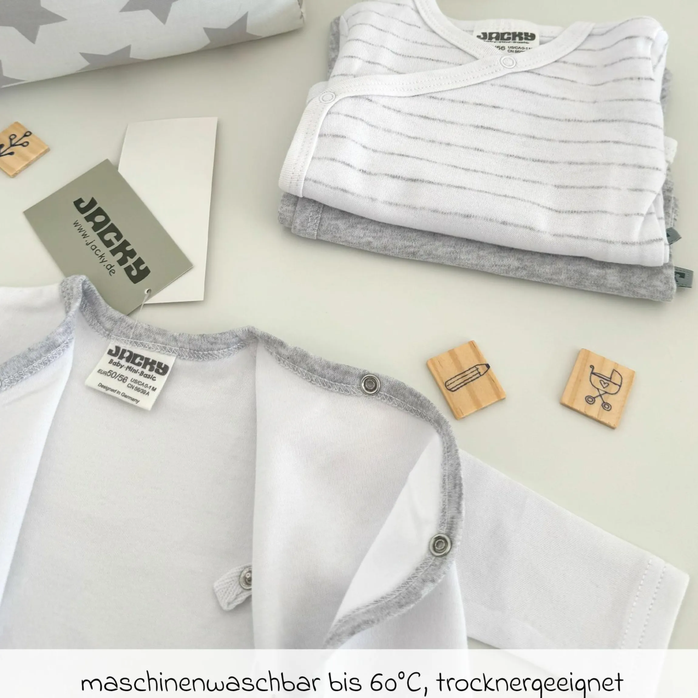 Wickelbody Langarm 3er Pack - Grau Melange, Ringel & Offwhite - Gr. 62/68