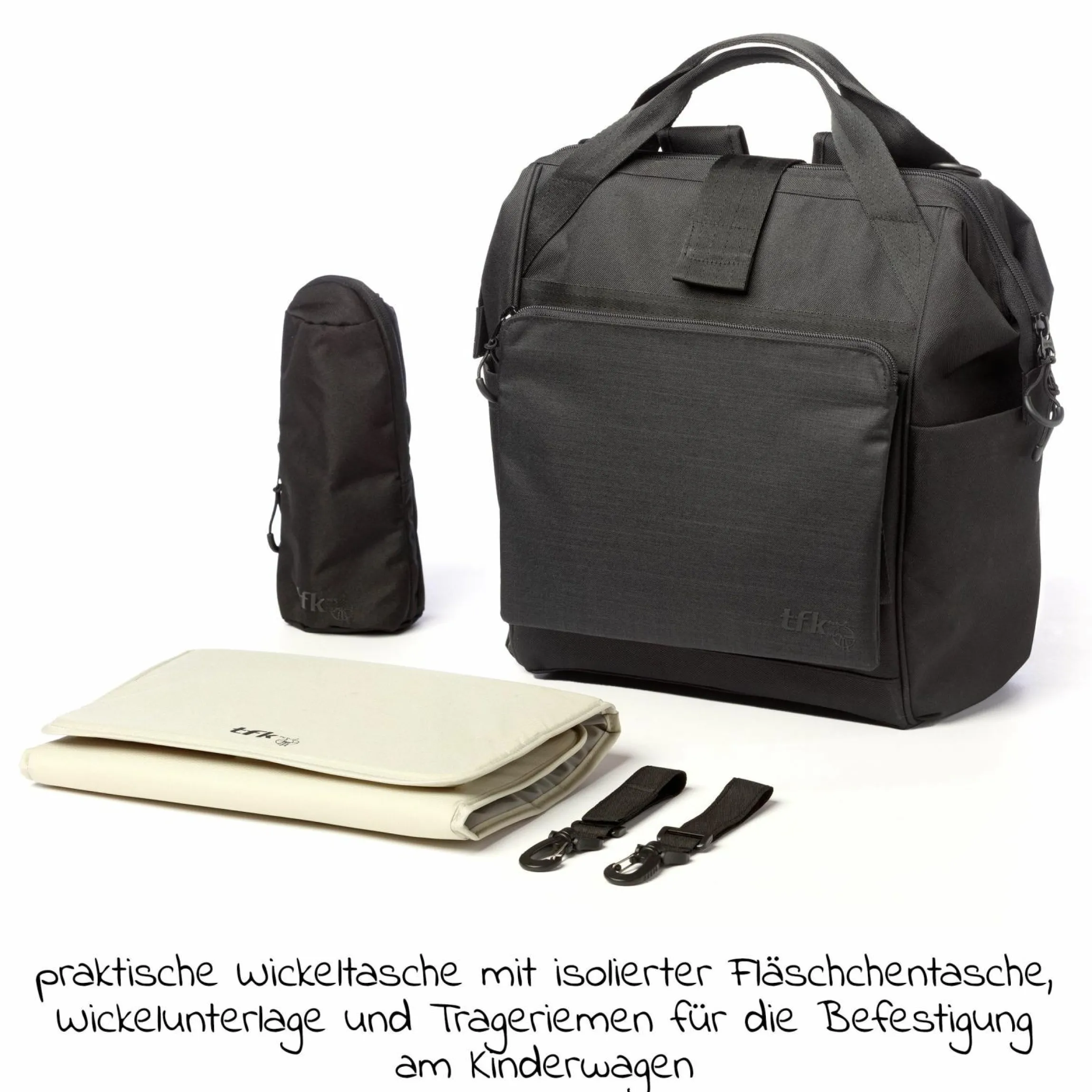 Wickelrucksack inkl. Befestigung, Wicklauflage, Flaschenhalter - Schwarz - Kollektion 2025