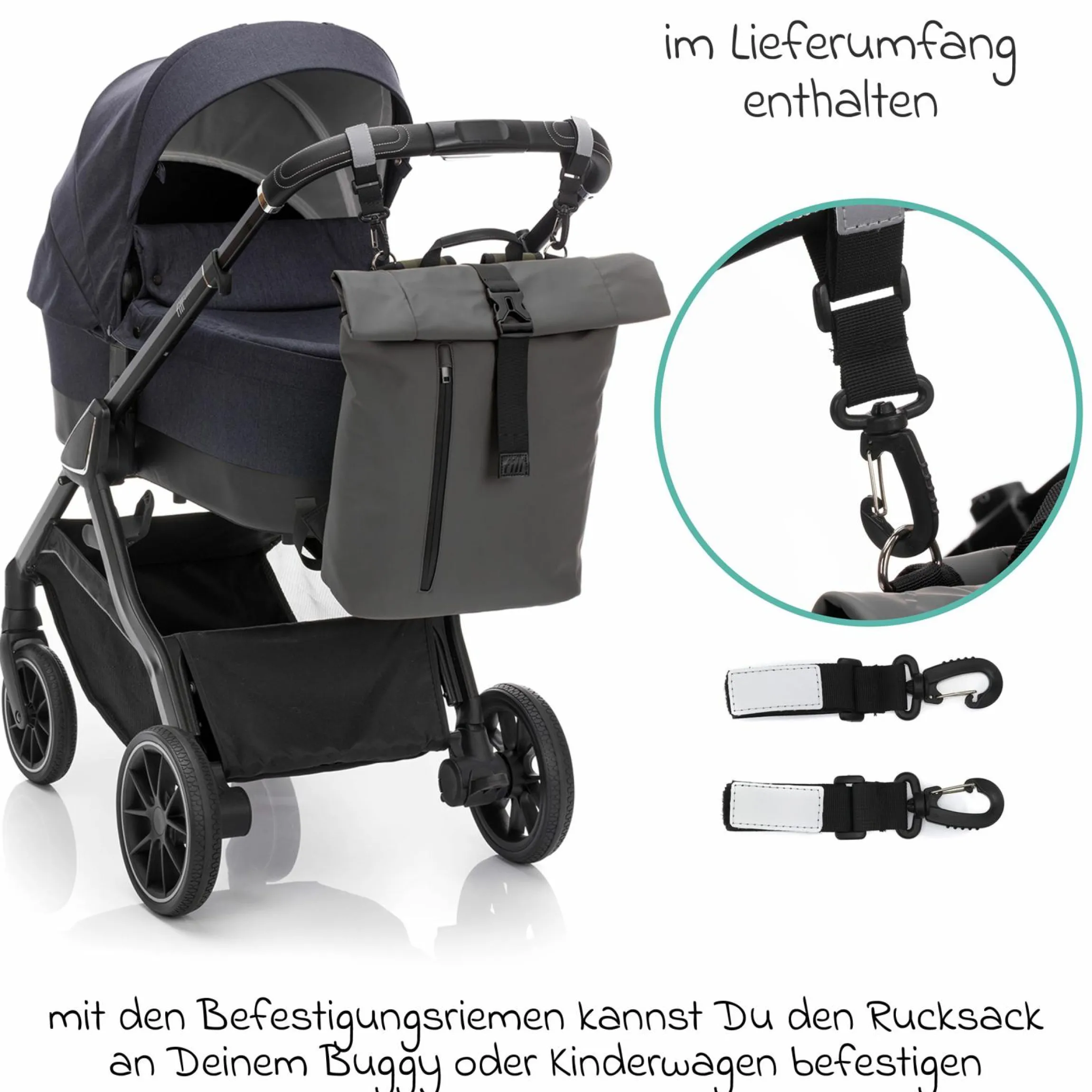Wickelrucksack Oslo im Rolltop-Design mit variablem Stauraum inkl. Wickelunterlage, Flaschenwärmer & Befestigungshaken - Grau