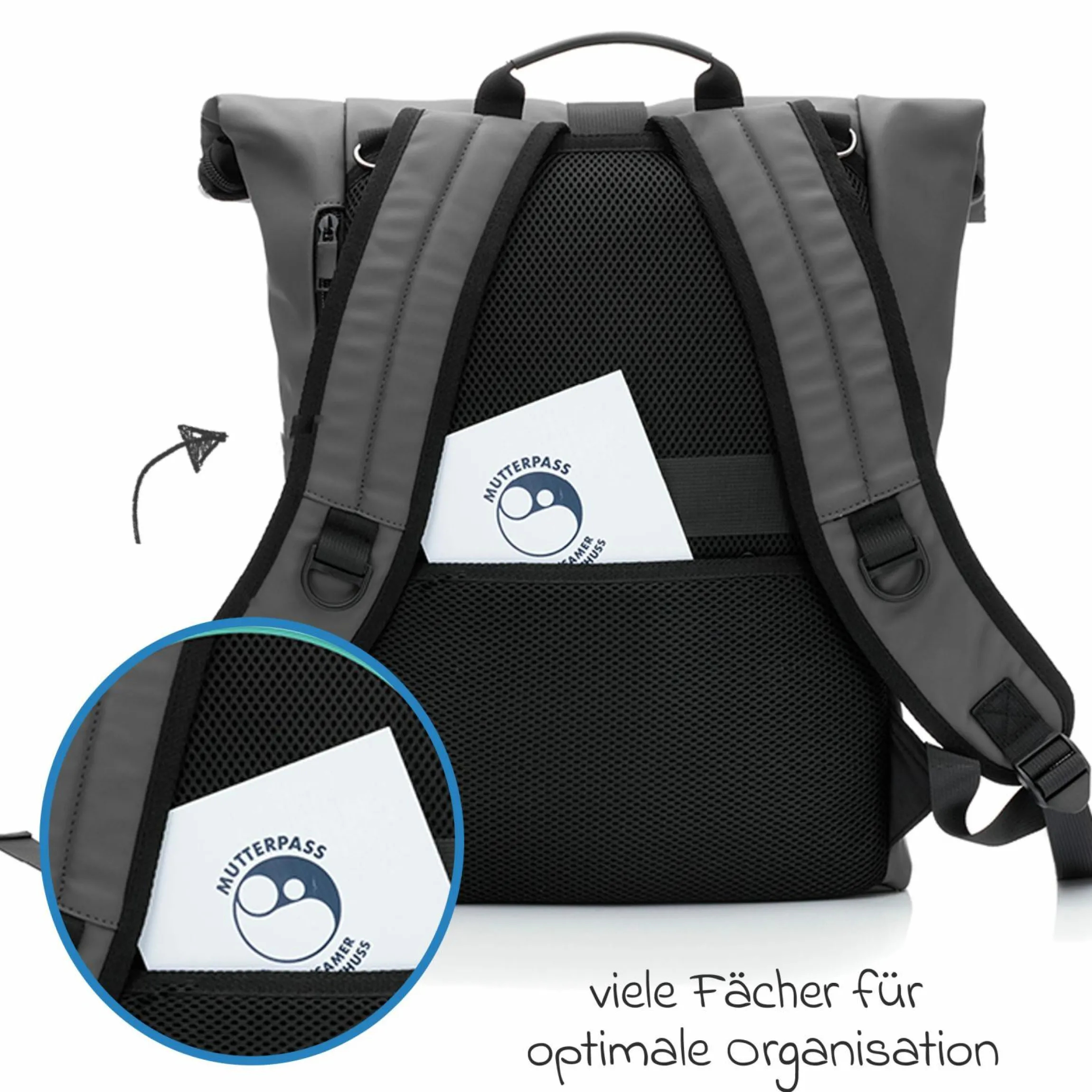 Wickelrucksack Oslo im Rolltop-Design mit variablem Stauraum inkl. Wickelunterlage, Flaschenwärmer & Befestigungshaken - Grau