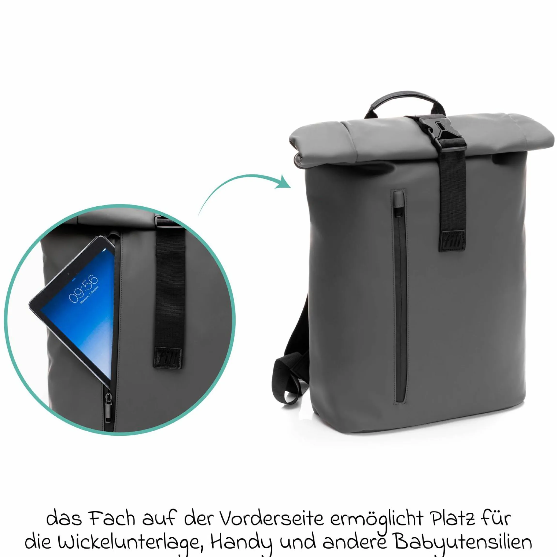 Wickelrucksack Oslo im Rolltop-Design mit variablem Stauraum inkl. Wickelunterlage, Flaschenwärmer & Befestigungshaken - Grau