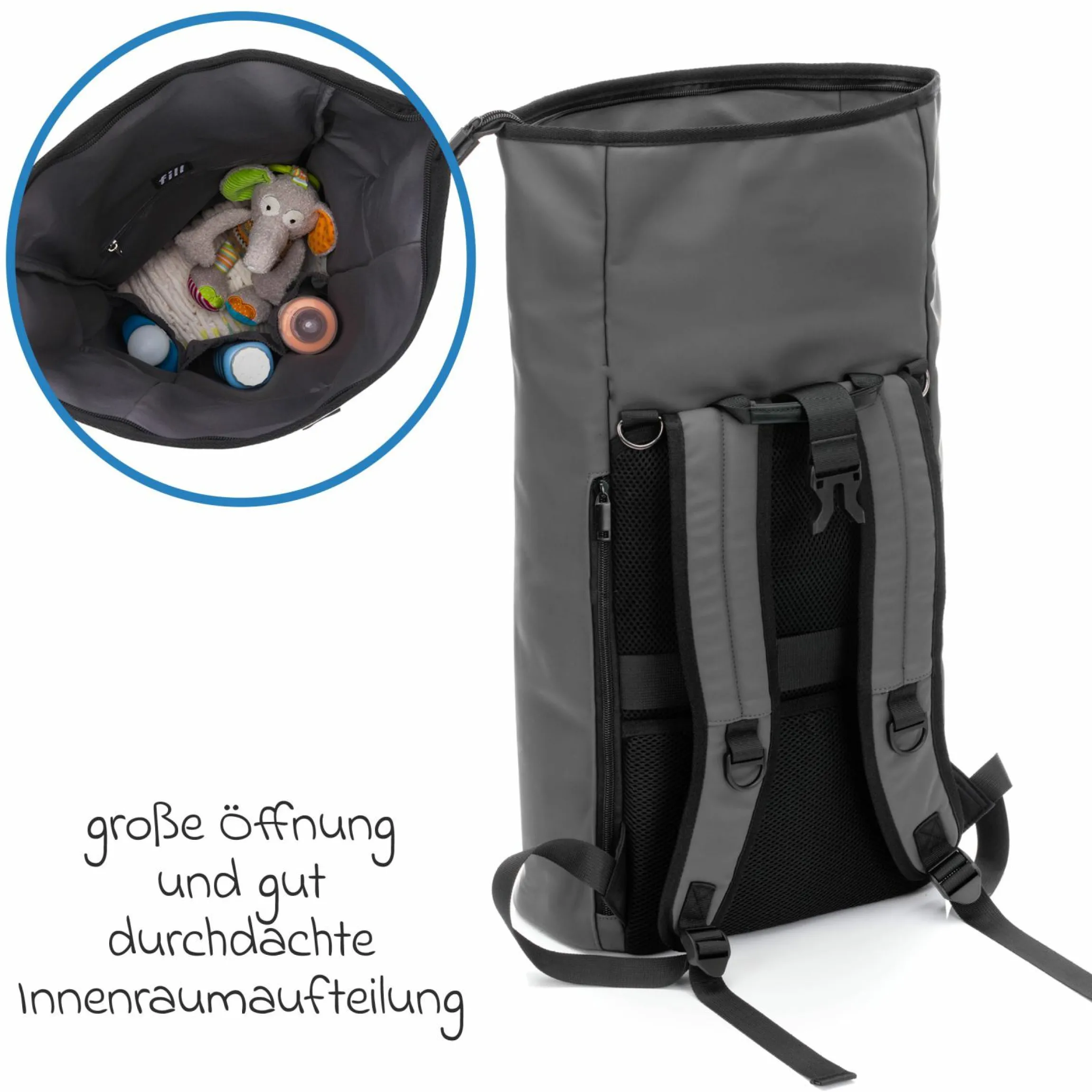 Wickelrucksack Oslo im Rolltop-Design mit variablem Stauraum inkl. Wickelunterlage, Flaschenwärmer & Befestigungshaken - Grau