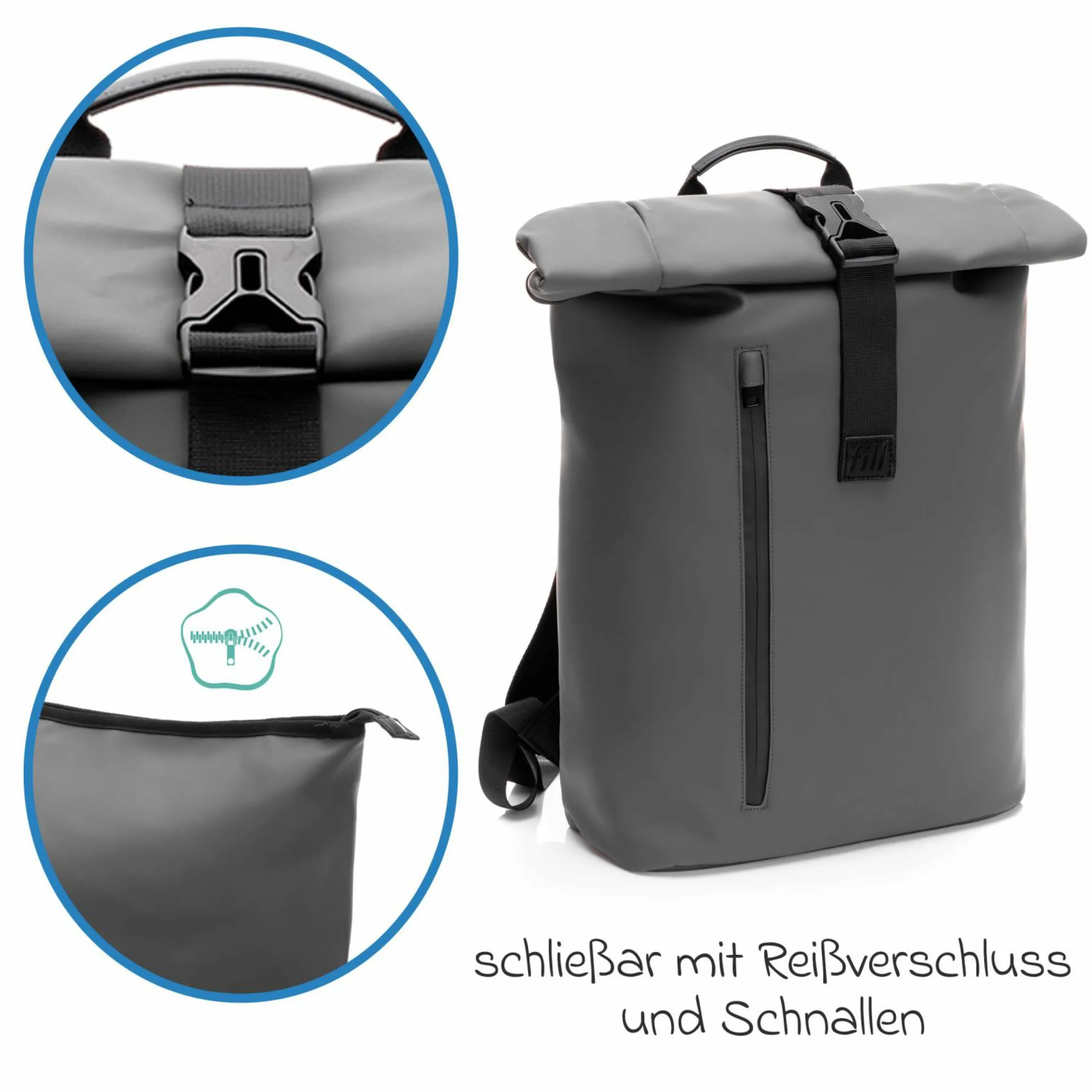 Wickelrucksack Oslo im Rolltop-Design mit variablem Stauraum inkl. Wickelunterlage, Flaschenwärmer & Befestigungshaken - Grau