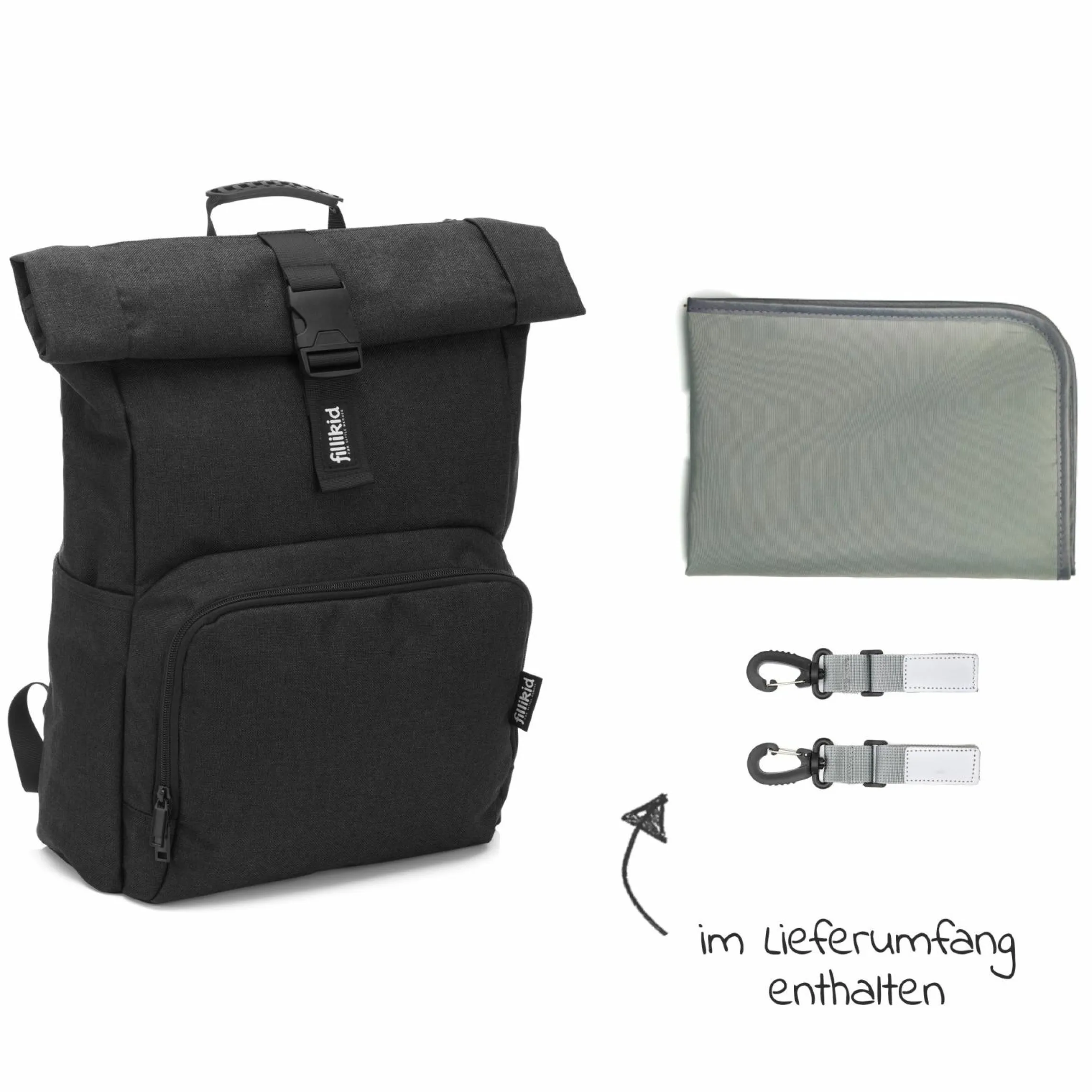Wickelrucksack Tokio im Rolltopstil inkl. Wickelunterlage, variabler Stauraum, Thermofach & Befestigungshaken - Schwarz