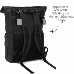 Wickelrucksack Tokio im Rolltopstil inkl. Wickelunterlage, variabler Stauraum, Thermofach & Befestigungshaken - Schwarz