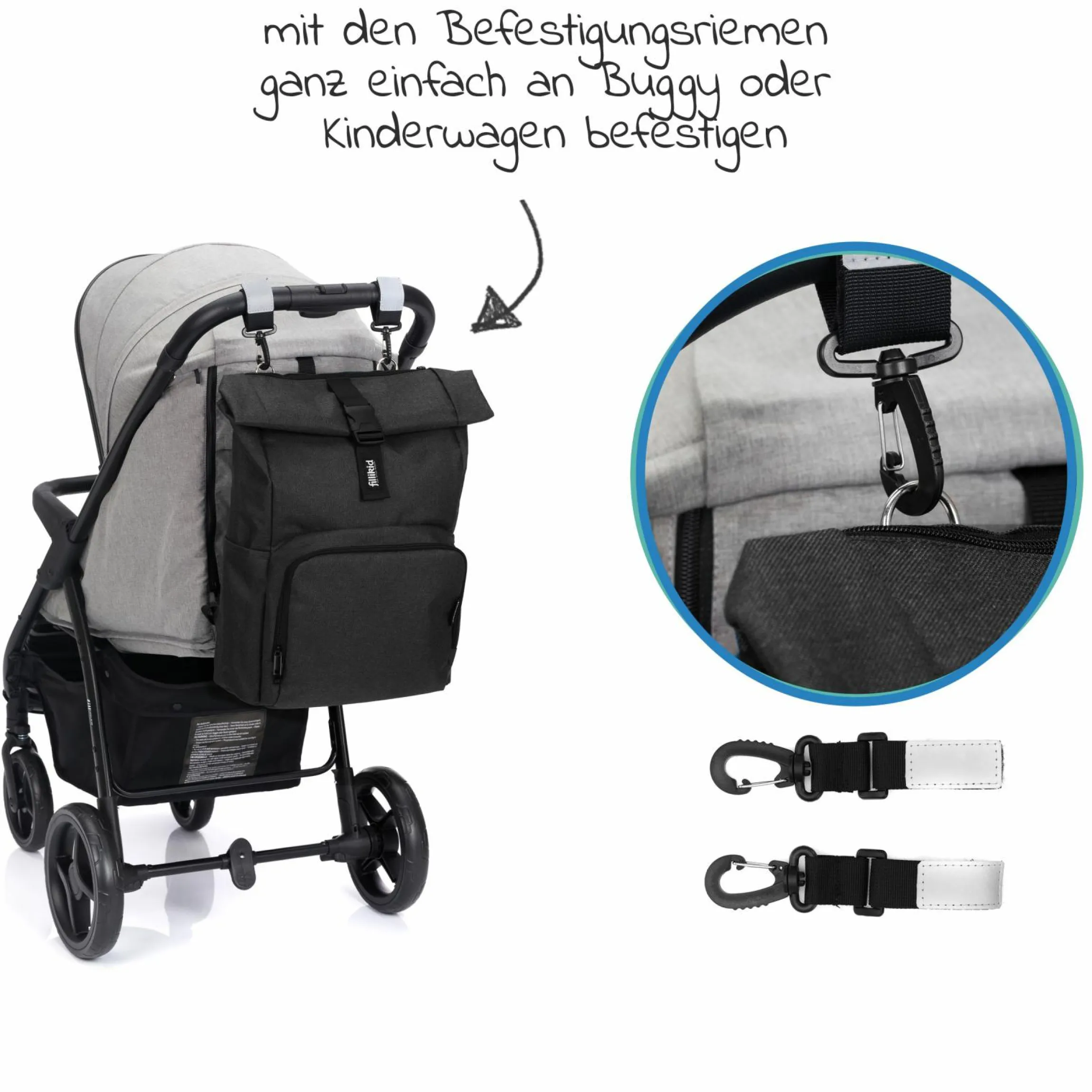 Wickelrucksack Tokio im Rolltopstil inkl. Wickelunterlage, variabler Stauraum, Thermofach & Befestigungshaken - Schwarz