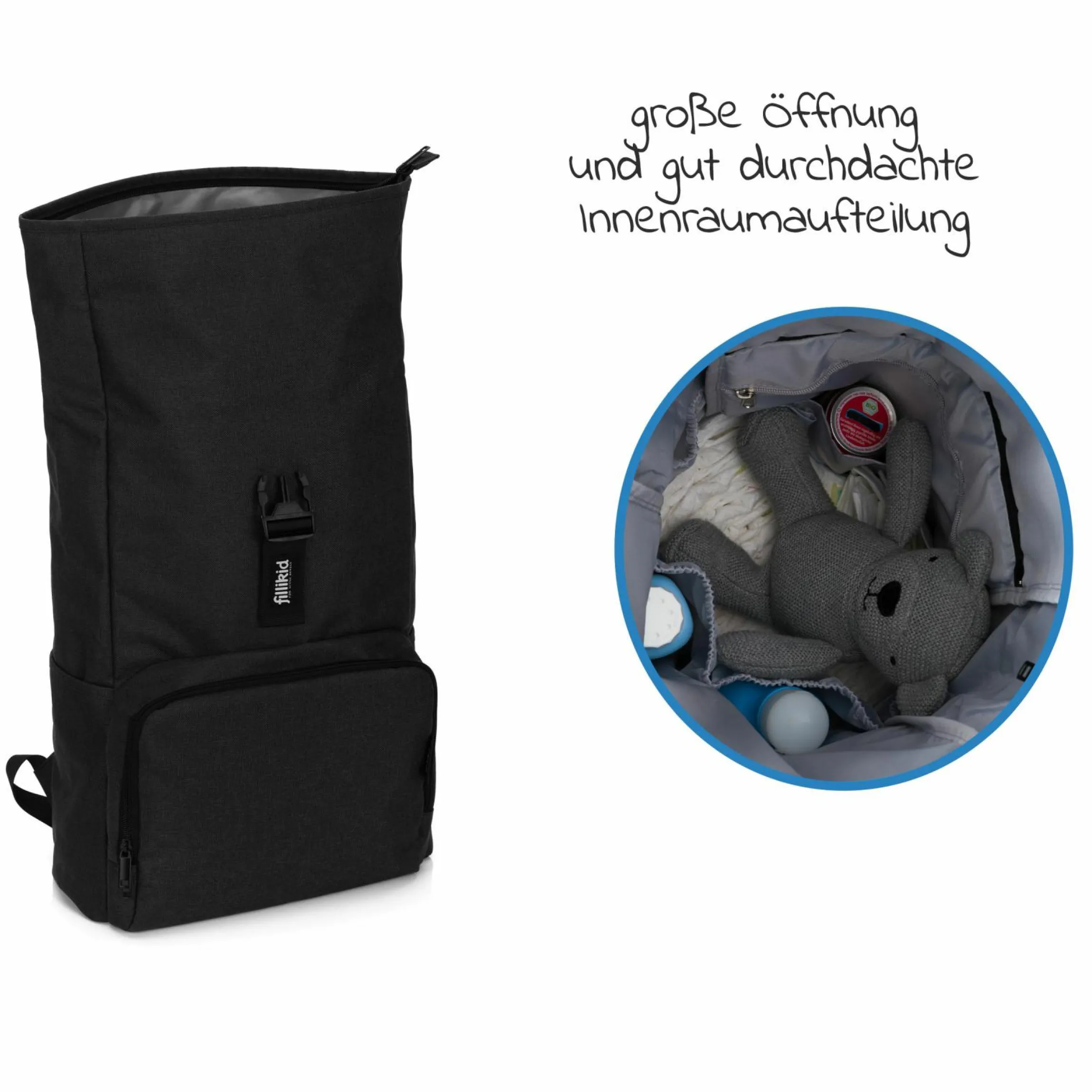 Wickelrucksack Tokio im Rolltopstil inkl. Wickelunterlage, variabler Stauraum, Thermofach & Befestigungshaken - Schwarz