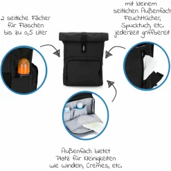 Wickelrucksack Tokio im Rolltopstil inkl. Wickelunterlage, variabler Stauraum, Thermofach & Befestigungshaken - Schwarz