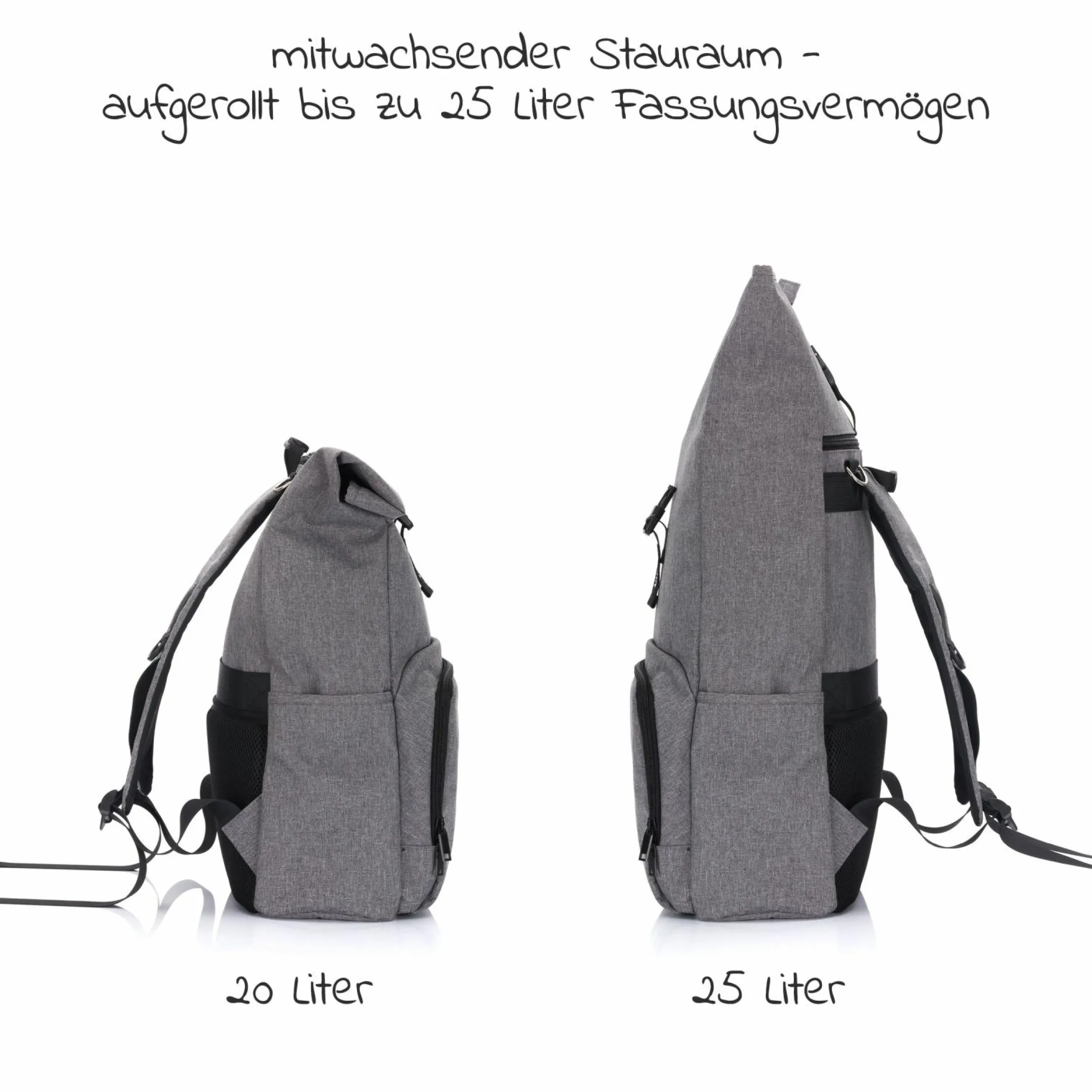 Wickelrucksack Tokio im Rolltopstil inkl. Wickelunterlage, variabler Stauraum, Thermofach & Befestigungshaken - Grau Melange
