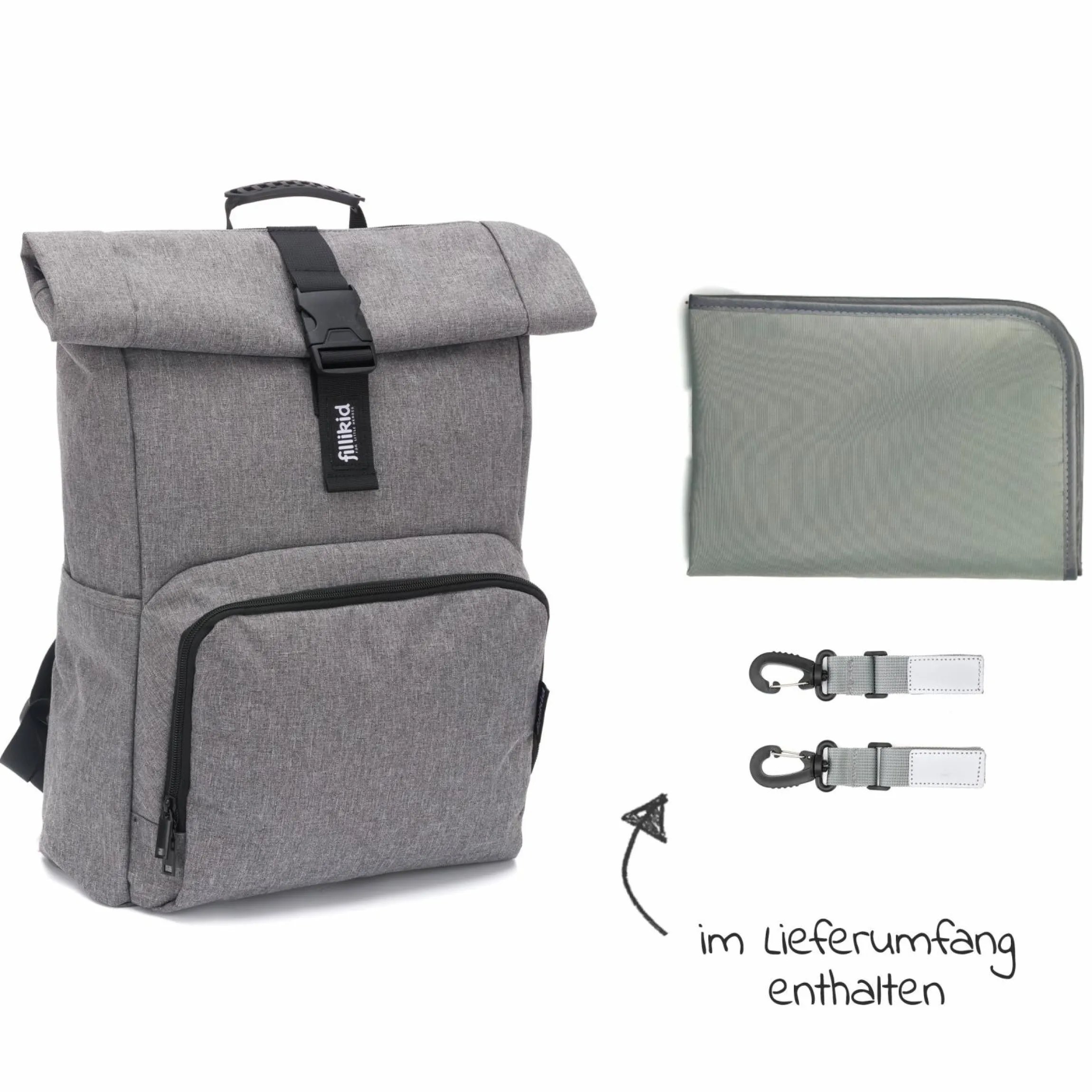 Wickelrucksack Tokio im Rolltopstil inkl. Wickelunterlage, variabler Stauraum, Thermofach & Befestigungshaken - Grau Melange