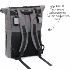 Wickelrucksack Tokio im Rolltopstil inkl. Wickelunterlage, variabler Stauraum, Thermofach & Befestigungshaken - Grau Melange