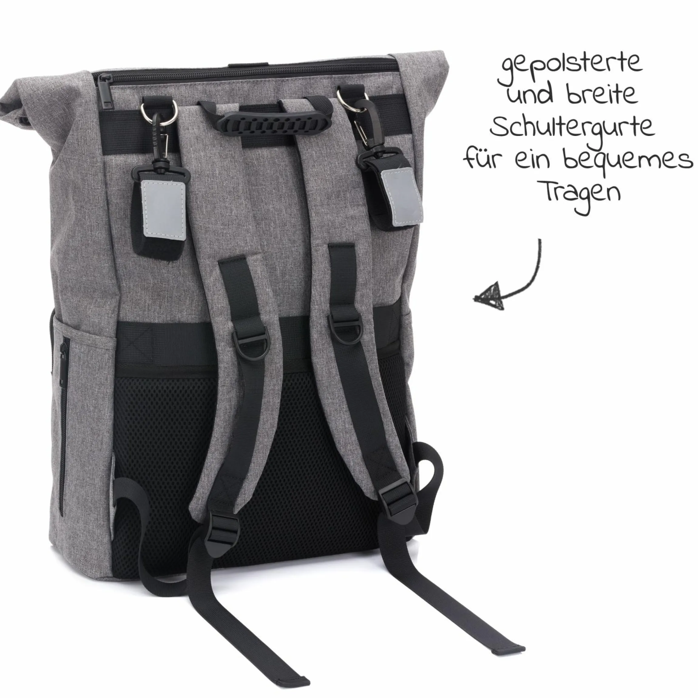 Wickelrucksack Tokio im Rolltopstil inkl. Wickelunterlage, variabler Stauraum, Thermofach & Befestigungshaken - Grau Melange