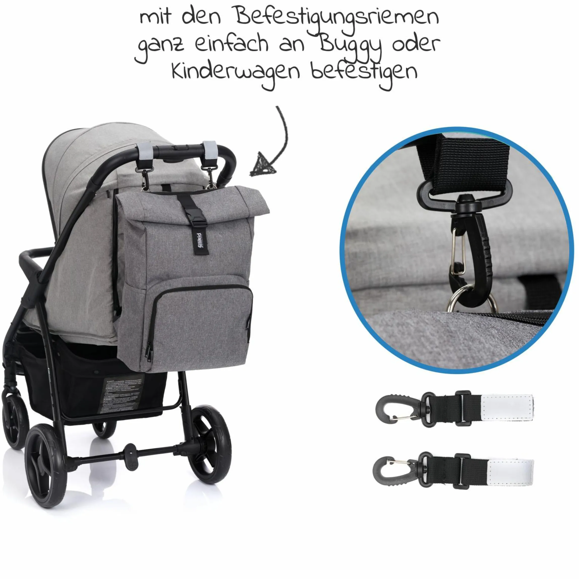 Wickelrucksack Tokio im Rolltopstil inkl. Wickelunterlage, variabler Stauraum, Thermofach & Befestigungshaken - Grau Melange