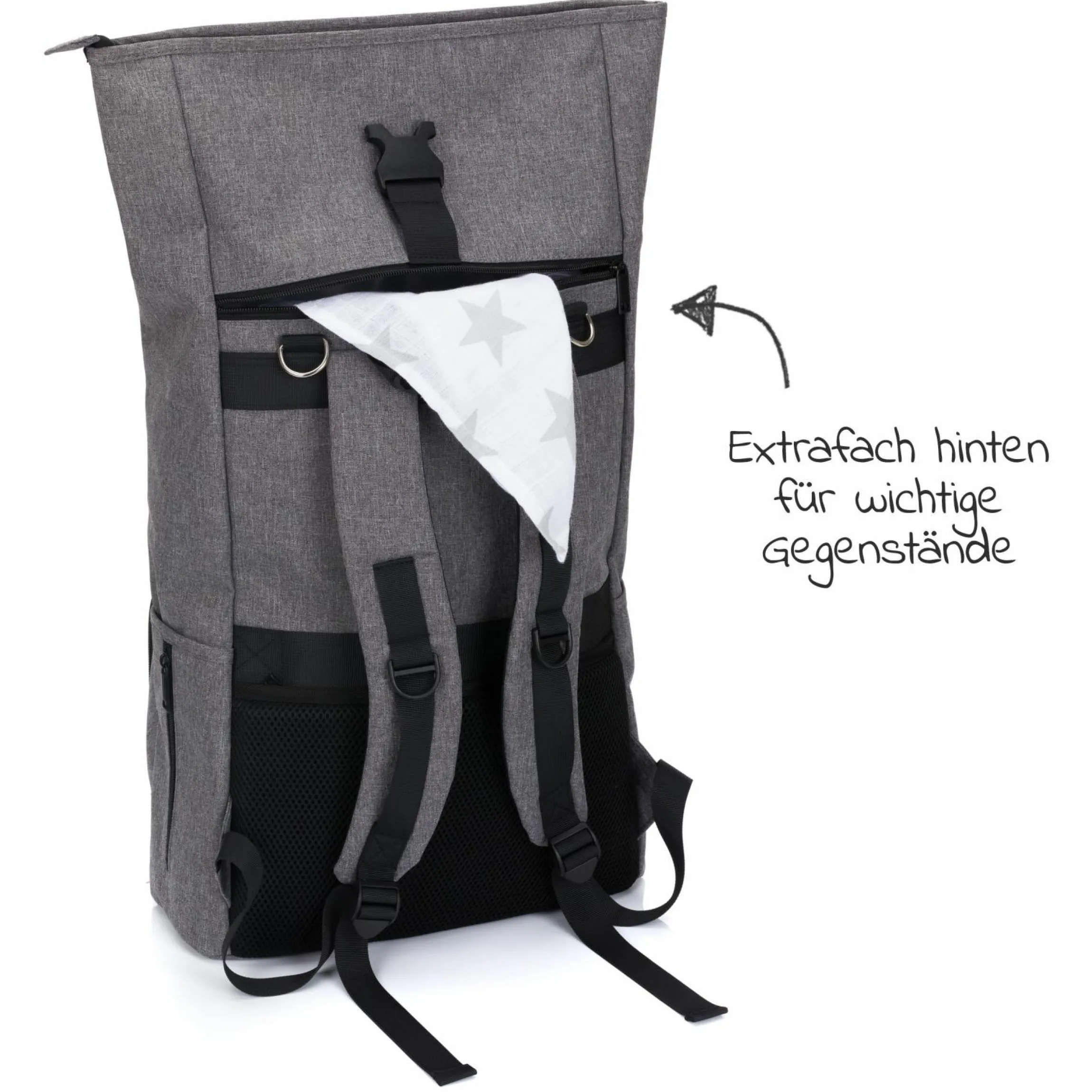 Wickelrucksack Tokio im Rolltopstil inkl. Wickelunterlage, variabler Stauraum, Thermofach & Befestigungshaken - Grau Melange
