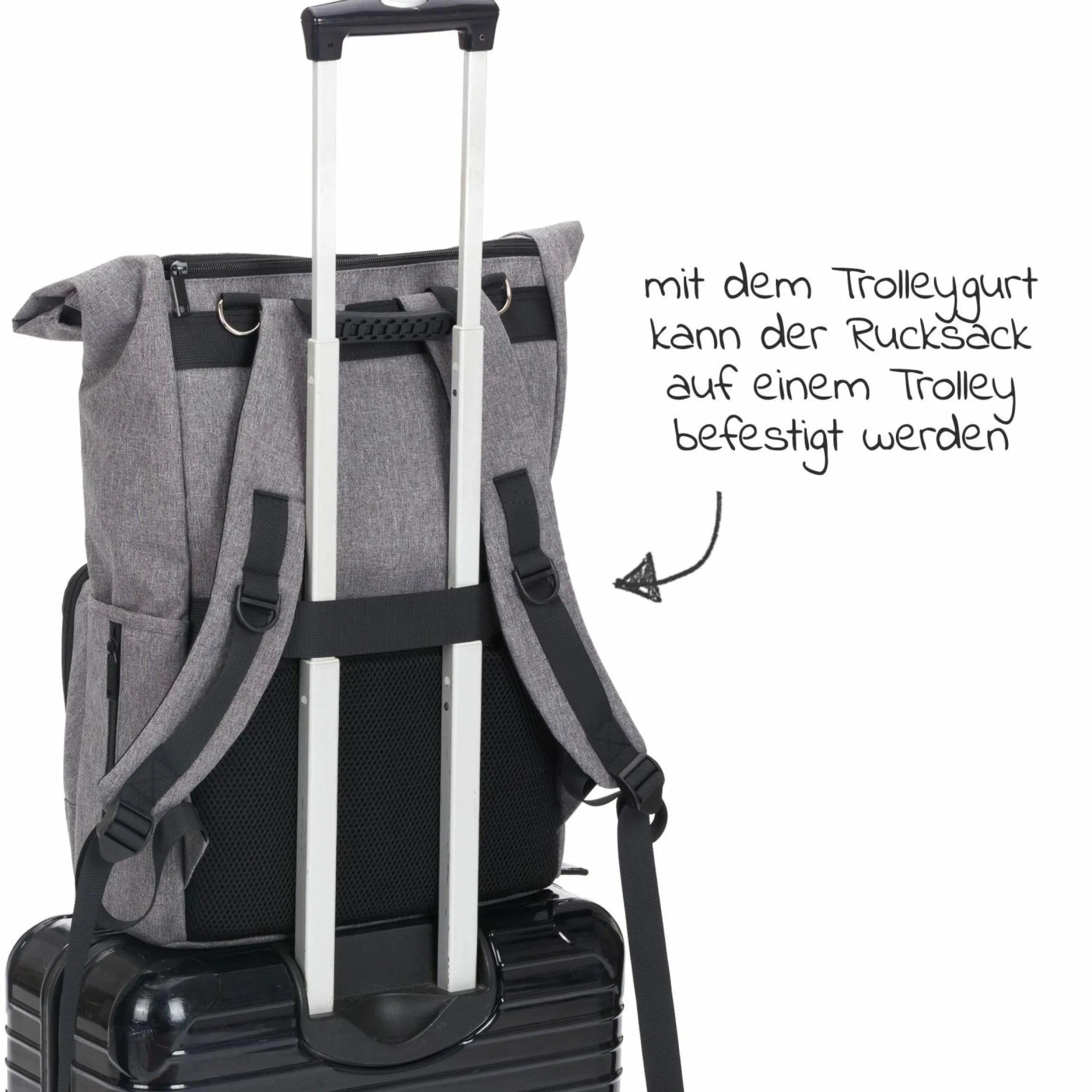 Wickelrucksack Tokio im Rolltopstil inkl. Wickelunterlage, variabler Stauraum, Thermofach & Befestigungshaken - Grau Melange