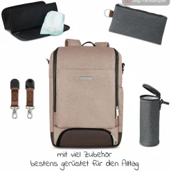 Wickelrucksack Tour mit großem Frontfach - inkl. Wickelunterlage & Zubehör - Pure Edition - Grain