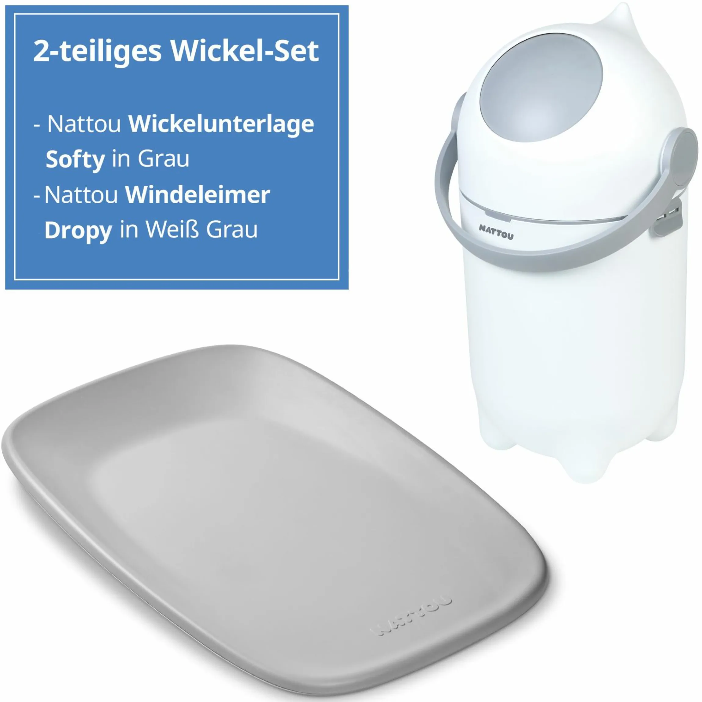 Wickel-Set mit Wickelunterlage Softy & Windeleimer Dropy - Grau Weiß