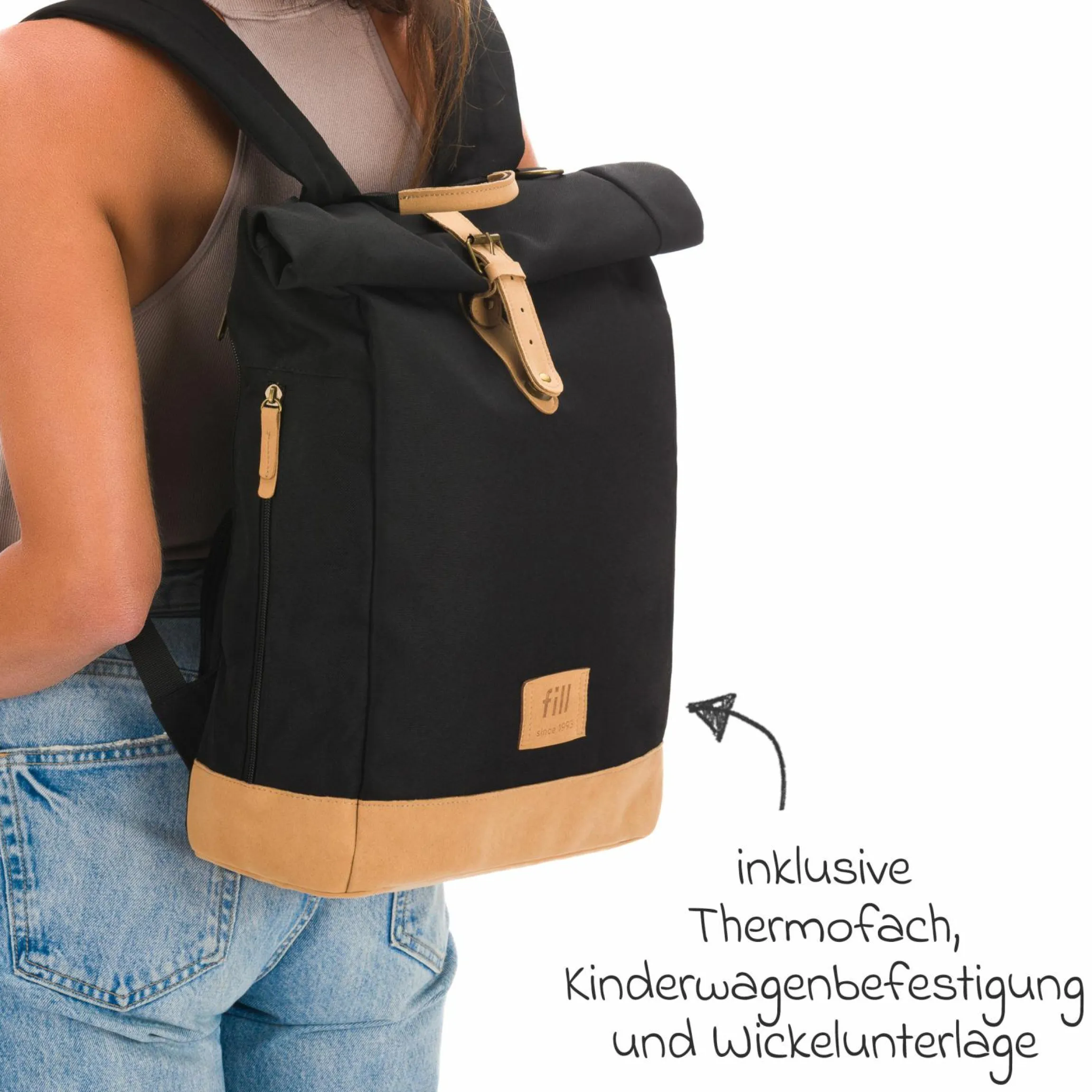 Wickeltasche Berlin im Rolltop-Design mit variablem Stauraum, ergonomische Gurte, Thermofach, Kinderwagenbefestigung & Wickelunterlage - Schwarz