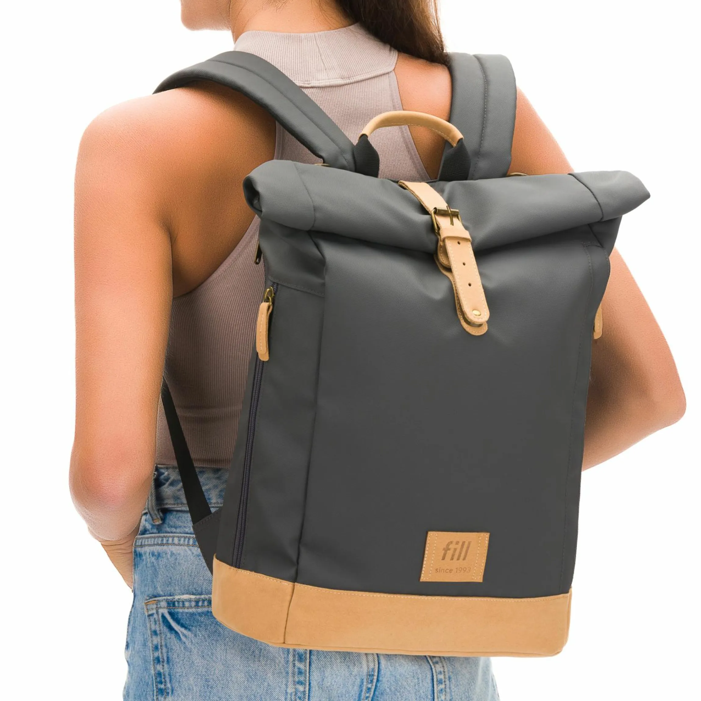 Wickeltasche Berlin im Rolltop-Design mit variablem Stauraum, ergonomische Gurte, Thermofach, Kinderwagenbefestigung & Wickelunterlage - Stone Grey
